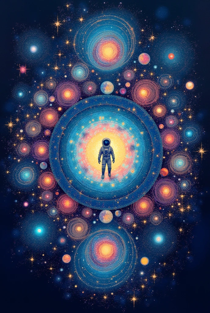 Give me a mandala art on the topic "Cosmic dreams : Arts works of space exploration"