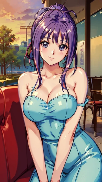 ((masterpiece, Highest quality, Highest quality, Official Art, beautifully、beautiful:1.2)),((masterpiece)),((Vibrant colors)),((Ayako Katagiri)),((幸せそうなsmile)),((smile)),((looks fun)),(Cafe Terrace),(Big Breasts),(((Side bust))),(sunset),(Skin exposed),(Cool)