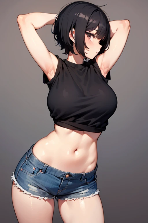 Short black hair girl, thin thighs, wearing short shorts and a top, She turned her back, lifting her butt.