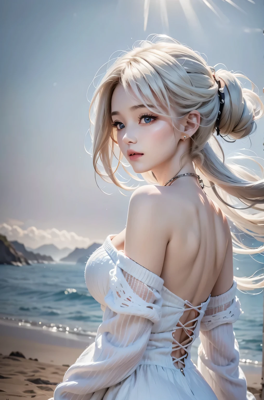 Highest quality, 32K, RAW Photos, Incredibly absurd, Very detailed, Delicate texture, Bust-up of a beautiful woman looking back with a sad expression, Particles of light exploding in the mist, Fantastic and mysterious, Wind, 1girl, honeystyle, Off-the-shoulder clothing
