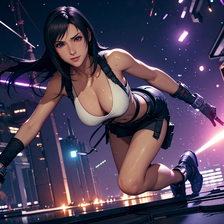 ((Master quality, 8K, masterpiece:1.3, ultra-detailed, high resolution, RAW Photos, detailed , blurry, Actual, hyper realistic, photo, HDR)), BREAK, perfect anatomy, perfect hands, perfect legs, perfect feet, detailed eyes, BREAK, One person alone, ff7r style, tifa lockhart,, beautiful face, beautiful detailed eyes, (dynamic posing ), long hair, ( Round and Stacked Breasts ), Cleavage, Slim waist, seductive smile:1.5, Sweat-soaked skin, BREAK, wearing( A single Cat tail on the butt), , Graffiti art, BREAK, ( Random Angle, full-body, ), dynamic angle, , background(Realistic , cinematic lighting, depth of field, night , the full moon,, cyberpunk city atmosphere light particles, , )
