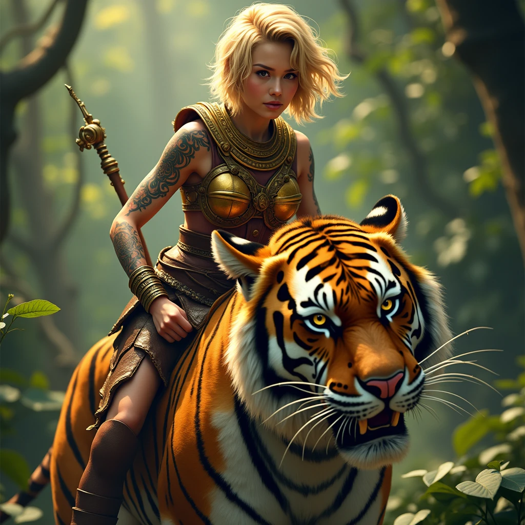 A Thai female warrior with short golden hair,golden brown armor,claw weapon on the back of her hand,tattoo on left arm,riding a tiger,(best quality,4k,8k,highres,masterpiece:1.2),ultra-detailed,(realistic,photorealistic,photo-realistic:1.37),detailed eyes,detailed lips,extremely detailed face,longeyelashes,dramatic lighting,fantasy,concept art,vibrant colors,cinematic