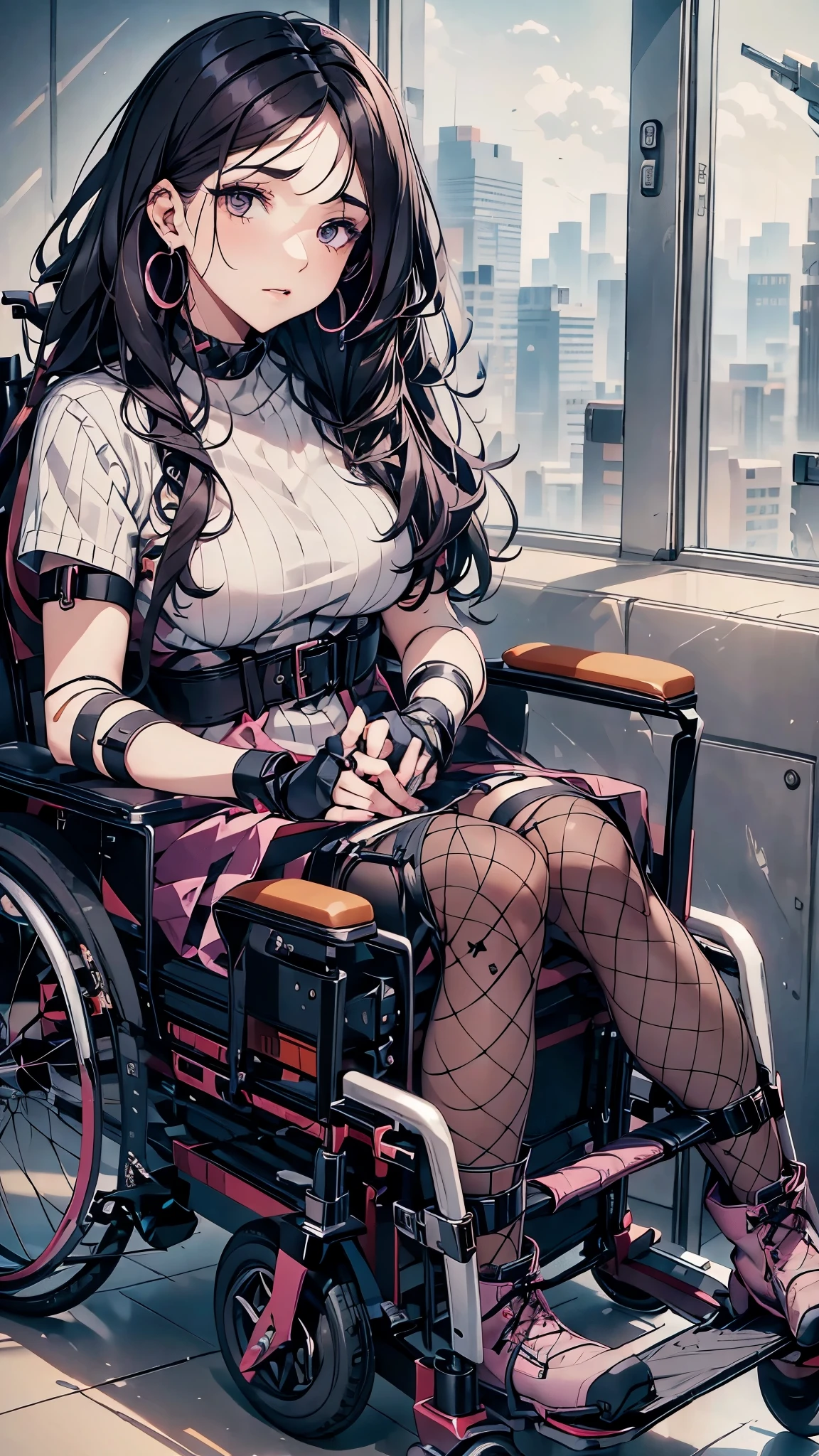 24 years old disabled woman in reclining electric wheelchair,glaring,hair above eyes,heavy make up,twintales hair,sliver hair,pink sweater with vertical lines,black pleated skirt,earrings,garter belt,fishnet pantyhose, lace up long boots,plastic arm brace,plastic leg brace,knee pad,elbow pad.