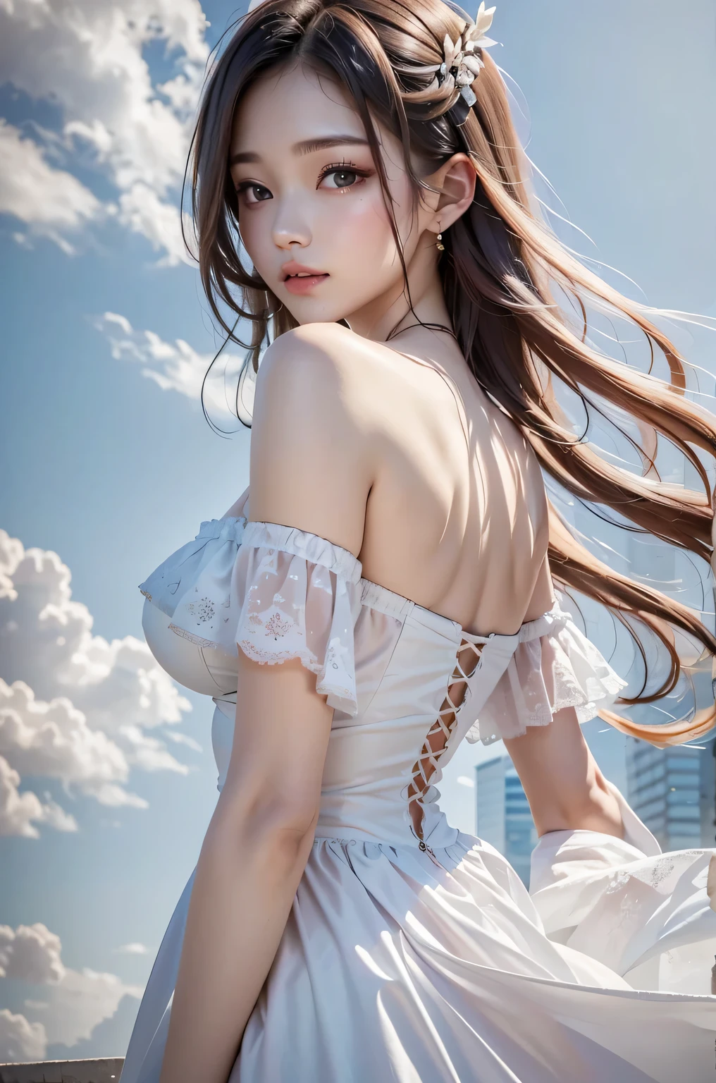 Highest quality, 32K, RAW Photos, Incredibly absurd, Very detailed, Delicate texture, Bust-up of a beautiful woman looking back with a sad expression, Particles of light exploding in the mist, Fantastic and mysterious, Wind, 1girl, honeystyle, Off-the-shoulder clothing