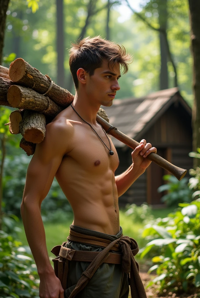 handsome young man, beautiful face, white skin, soft, slim, short hair, shirtless, in a jungle gathering firewood, carrying wood on his shoulder, an axe in his left hand, in the middle of the jungle behind him a house