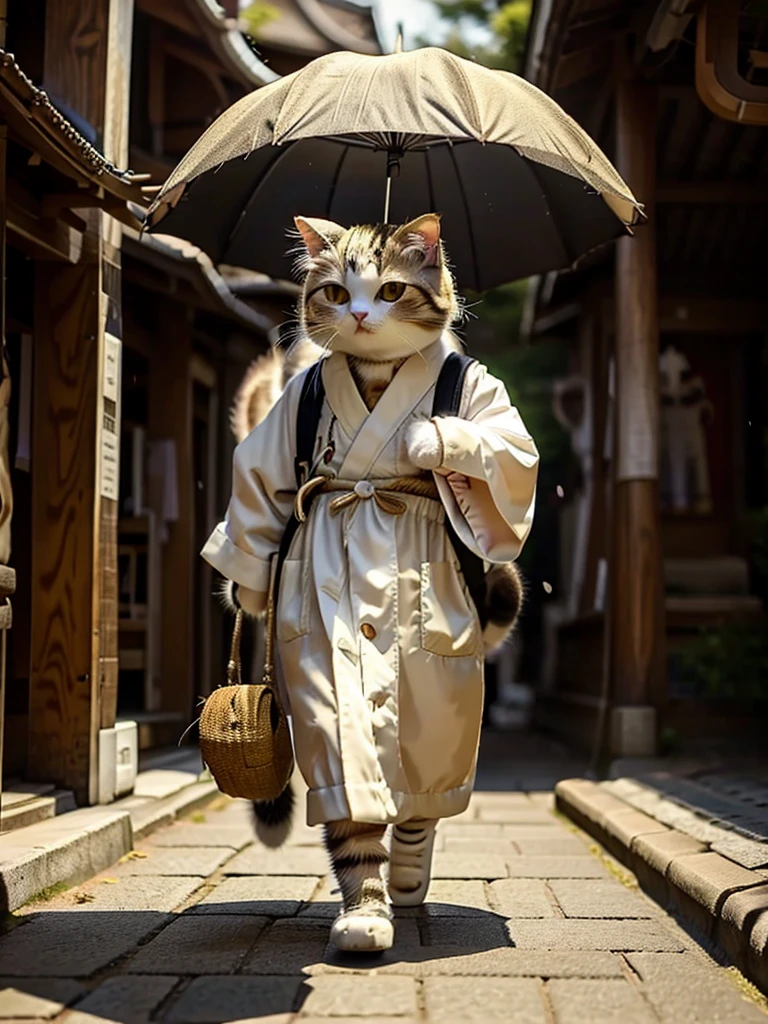 (オスCat)、Masterpiece, Highest quality, Cat:Short stature and short legs, Kimono, geta, shrine、Cool look, Cute digital illustration art,