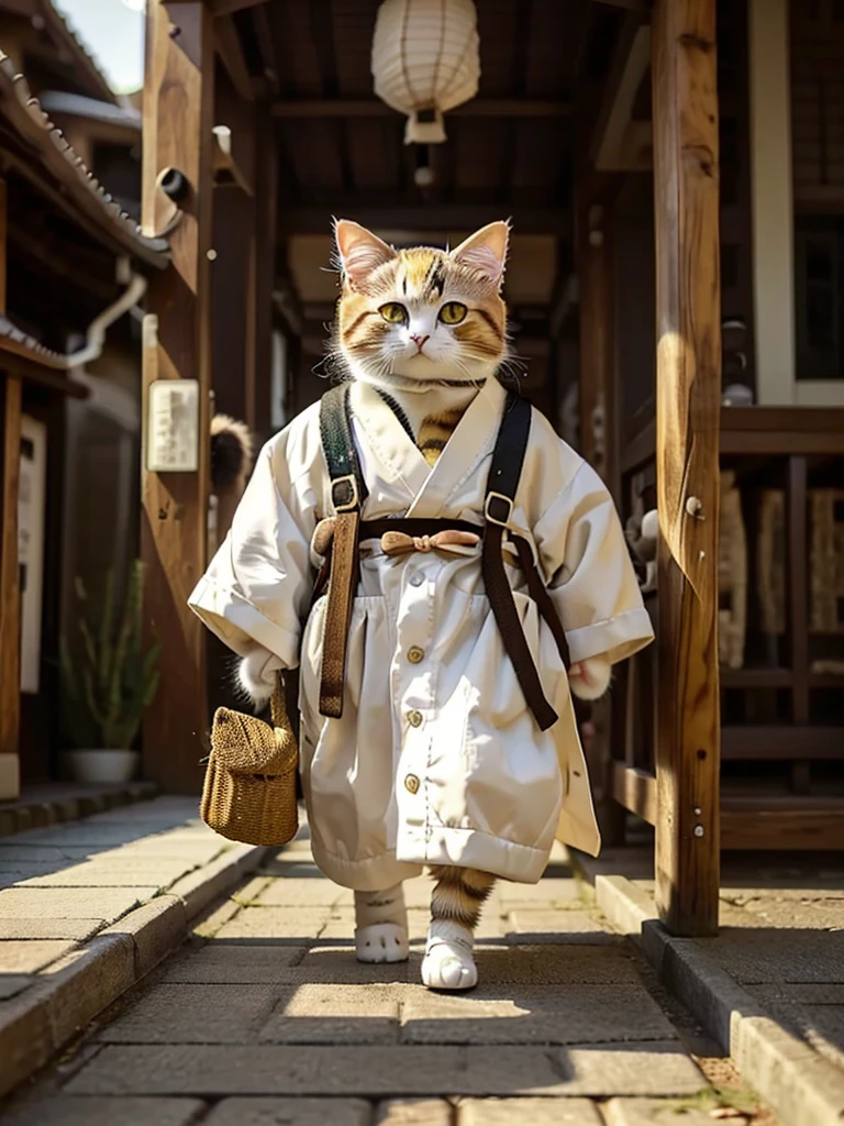 (オスCat)、Masterpiece, Highest quality, Cat:Short stature and short legs, Kimono, geta, shrine、Cool look, Cute digital illustration art,