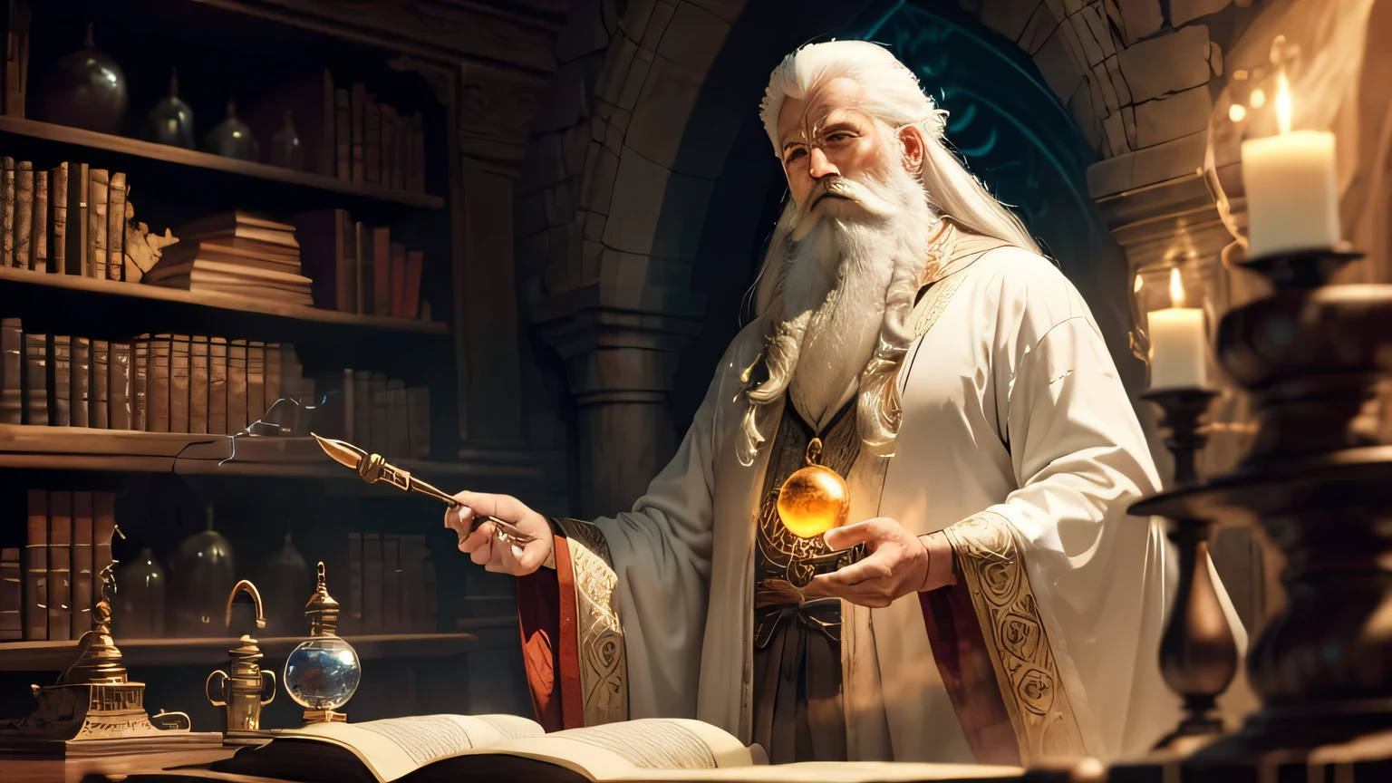 "An old white-haired and white-bearded sorcerer, dressed in dark, flowing robes, stands in his mystical magic laboratory. The room is filled with ancient books, glowing potions, and magical artifacts scattered across wooden shelves and a large, ornate desk. A glowing orb hovers in front of the sorcerer, as he carefully conjures spells with his hands. The laboratory is dimly lit by flickering candles and the eerie glow of magical energy radiating from the various objects around the room, creating a mysterious and enchanting atmosphere