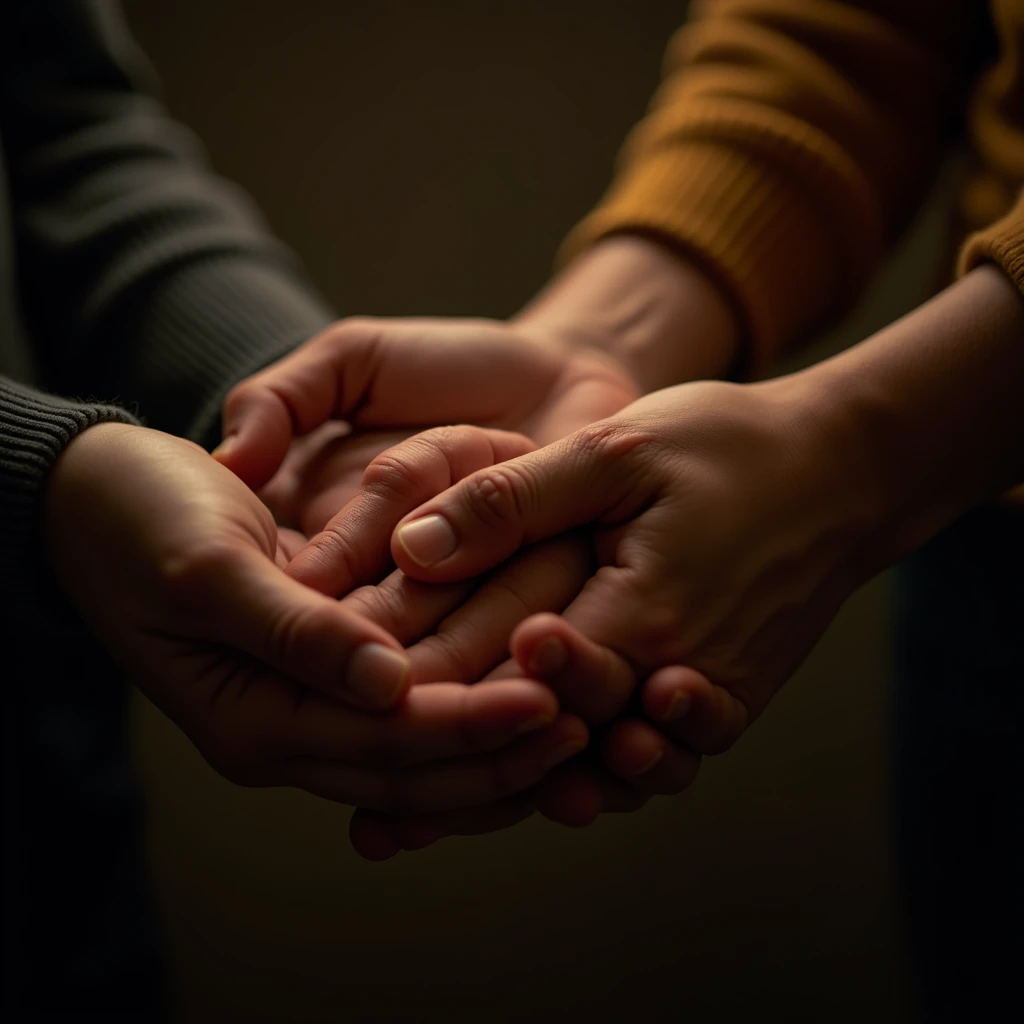 Close-up of Hands, holding hands between family. Using warm and intimate lighting to capture emotional communication and subtle hand movements, Beautiful cinematic lighting, RAW photo, color graded, dynamic movement, (captivating chiaroscuro:0.1), award-winning, cinematic still, emotional, vignette, dynamic, vivid, (masterpiece, best quality, photorealistic, Professional, perfect composition, very aesthetic, absurdres, ultra-detailed, intricate details:1.3)