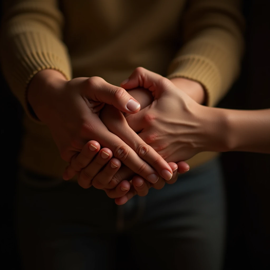 Close-up of Hands, holding hands between family. Using warm and intimate lighting to capture emotional communication and subtle hand movements, Beautiful cinematic lighting, RAW photo, color graded, dynamic movement, (captivating chiaroscuro:0.1), award-winning, cinematic still, emotional, vignette, dynamic, vivid, (masterpiece, best quality, photorealistic, Professional, perfect composition, very aesthetic, absurdres, ultra-detailed, intricate details:1.3)