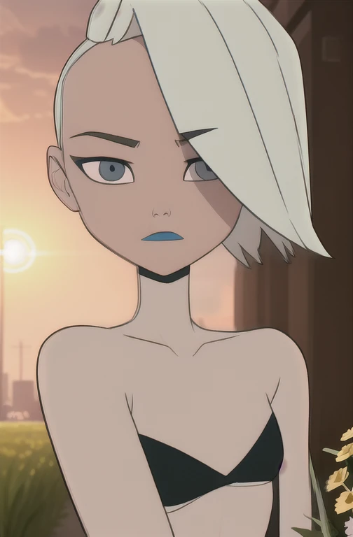 (Solar theme:0.6), Glucose, 1 girl, mature face, One, short hair, in a black strapless bra, in a black bikini, black color, bare legs close up, bare ass, cheekbones on the face, mature appearance, sexuality, Long legs, sexy legs, high growth, sunny day outside, street, summer day, Sun, sunset, cnjbn in the meadow near the tree, A meadow, wound,  1.2), White hair, pomade, decrease,  I look at the viewer, grey eyes, sharp image, Crop top, (HDR:1.22), Bright rainbow colors, flowers, Many colors, thickets, complex background, hyper-detailed, Art [[Jordan Grimmer], Close-up