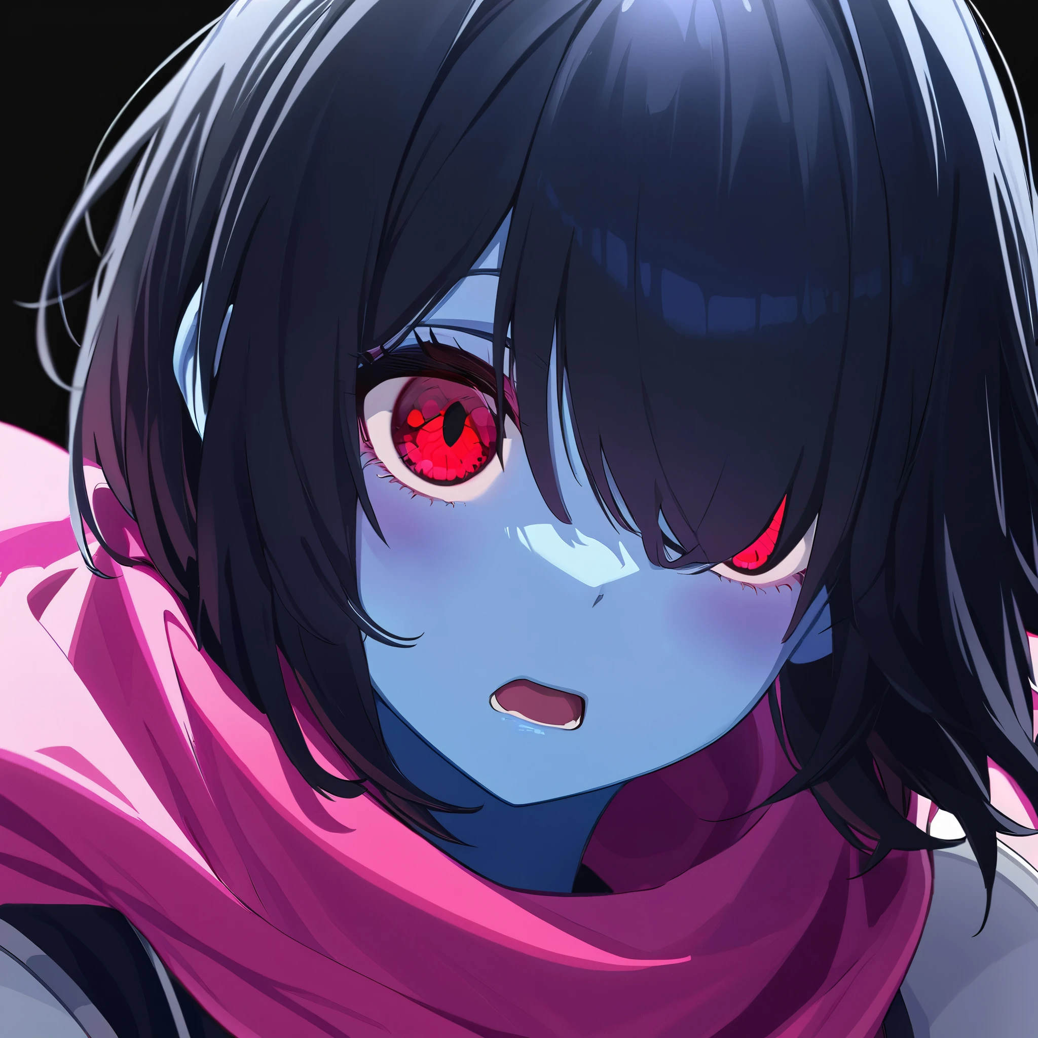 (face focus:1.2, eye focus:0.1, looking at viewer, red eyes), (1girl, solo, darkkris), embarrassed, open mouth, blue skin, (hair over eyes:0.3, black hair, medium hair), detailed, pink scarf:0.3, white chestplate:0.3, (black background)