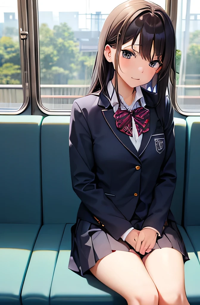 NSFW,4K,Gal:1.3,Anatomically correct,school uniform:1.3,A pure and innocent girl, Very cute face, Like an idol, (masterpiece:1.2), (high quality), panties, loose socks, Hip, Blue Skirt, alone, Blazer Type, loose socks, Lifting clothes, Brown eyes, pure gaze, mini skirt, Lift yourself up, Check skirt, blush,((Mid-chest)), (Sweating profusely), Long Hair, physical education, Beautiful legs, ((in the train))