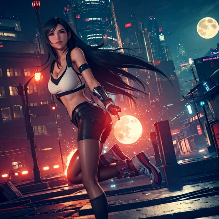  ((Master quality, 8K, masterpiece:1.3, ultra-detailed, high resolution, RAW Photos, detailed , blurry, Actual, hyper realistic, photo, HDR)), BREAK, perfect anatomy, perfect hands, perfect legs, perfect feet, detailed eyes, BREAK, One person alone, ff7r style, tifa lockhart,, beautiful face, beautiful detailed eyes, (dynamic posing ), long hair, ( Round and Stacked Breasts ), Cleavage, Slim waist, seductive  smile:1.5, Sweat-soaked skin, BREAK, wearing( A single Cat tail on the butt), , Graffiti art, BREAK, ( Random Angle, full-body, ), dynamic angle, , background(Realistic , cinematic lighting, depth of field, night , the full moon,, cyberpunk city atmosphere light particles, , )