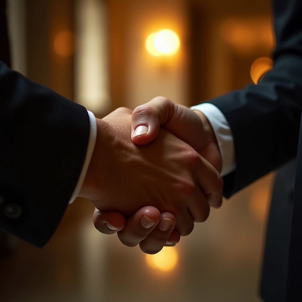 Close-up of Hands, shaking hands between Business partners, after meeting. Using warm and intimate lighting to capture emotional communication and subtle hand movements, Beautiful cinematic lighting, RAW photo, color graded, dynamic movement, (captivating chiaroscuro:0.1), award-winning, cinematic still, emotional, vignette, dynamic, vivid, (masterpiece, best quality, photorealistic, Professional, perfect composition, very aesthetic, absurdres, ultra-detailed, intricate details:1.3)