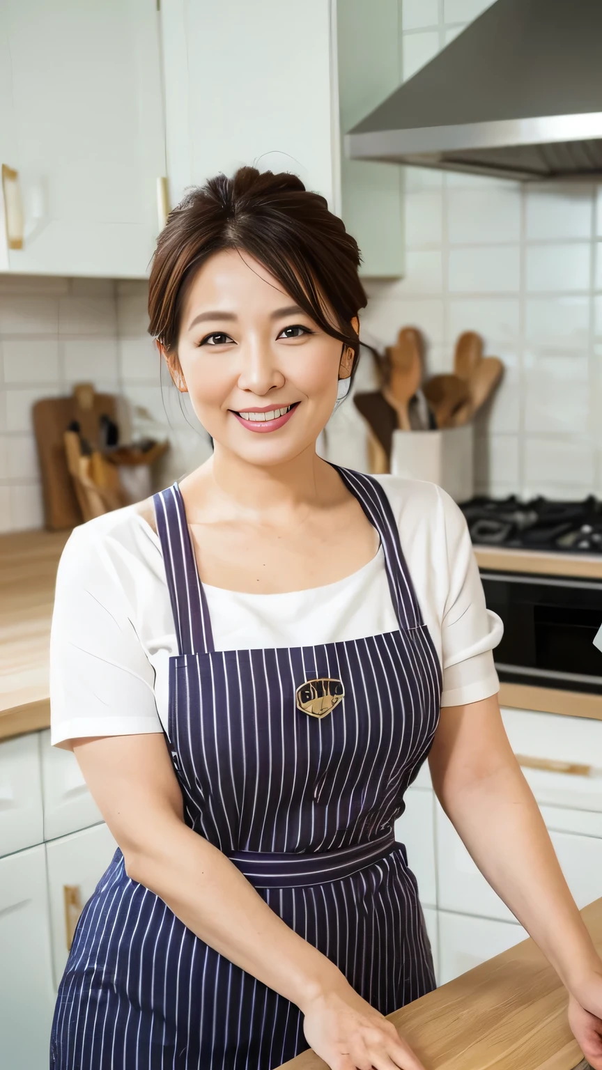 a mature Japanese woman, smile, (curvy body), round face, plum lips, tie brown hair up, (no make-up), in the very bright and clean white kitchen, in the morning, wearing an striped apron over a white blouse, long skirt, high quality, portrait, photogenic, realistic, 8K,