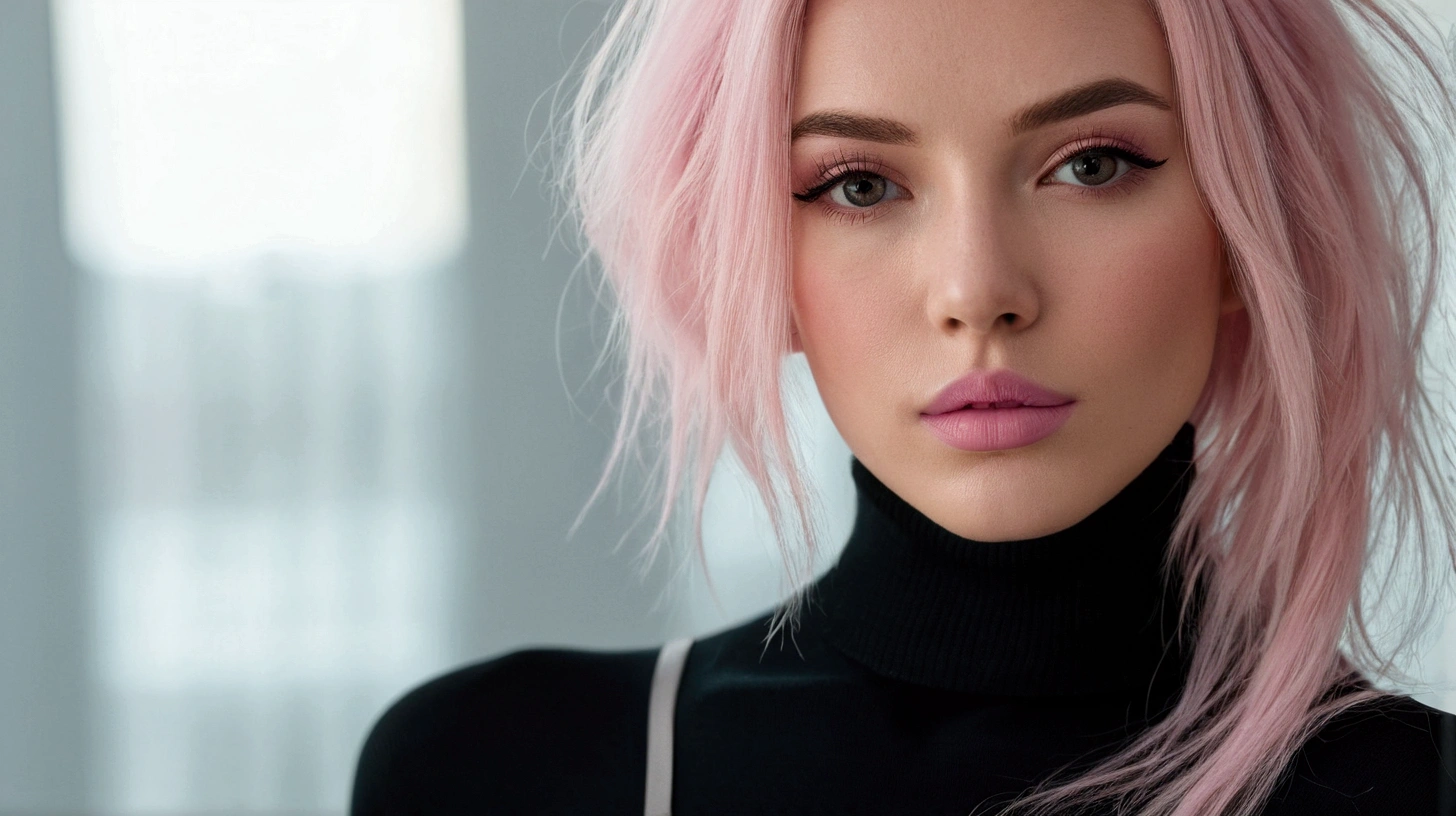 blond woman with pink hair and black turtle neck top posing for a picture, soft portrait shot 8 k, pink lips, 8k portrait render, delicate pale pink lips, thin light pink lips, smooth pink skin, pink wispy hair, pink lipstick, color photograph portrait 4k, pink face, pink girl, photo of a beautiful woman