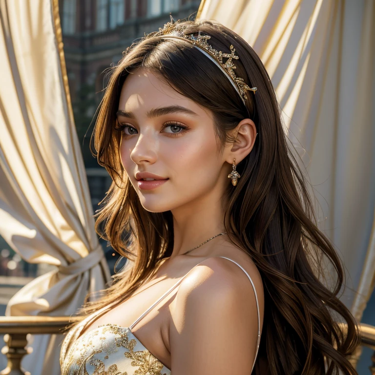 (masterpiece, best quality:1.5), highest quality, High resolution, super detailed, Realists, Bust portrait of a 22-year-old brunette woman, detailed and beautiful eyes, beautiful detailed lips, very detailed eyes and face, longeyelashes, A 22-year-old woman in a shimmering satin tent dress, Beautiful and colorful makeup, elegant and noble々Pose,shiny satin headband,, City as background, bright daylight, bright colors, fine brushstrokes, Portrait style, beautiful color palette, glowing skin, First-class rendering, that captures every detail, enchanting atmosphere, (perfect anatomy:1.2), (The stunning woman is wearing a tent dress. She smiles flirtatiously., She stands and shows off her figure, (magnificent panorama view:1.2)