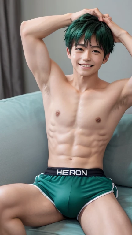 Japanese men、、Well-developed muscles and smooth skin、Fluffy, voluminous, bright green hair、Light grey boxer briefs、See your whole body from head to toe、Smiling softly and friendly、Hero Academy、Sofa set、manly pose