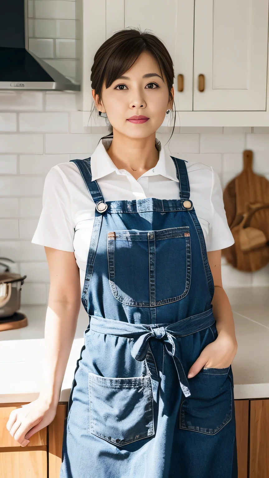 a mature Japanese woman, shy, (curvy body), round face, plum lips, tie brown hair up, (no make-up), in the very bright and clean white kitchen, in the morning, wearing an denim apron over a white wide collared blouse, long skirt, high quality, portrait, photogenic, realistic, 8K,