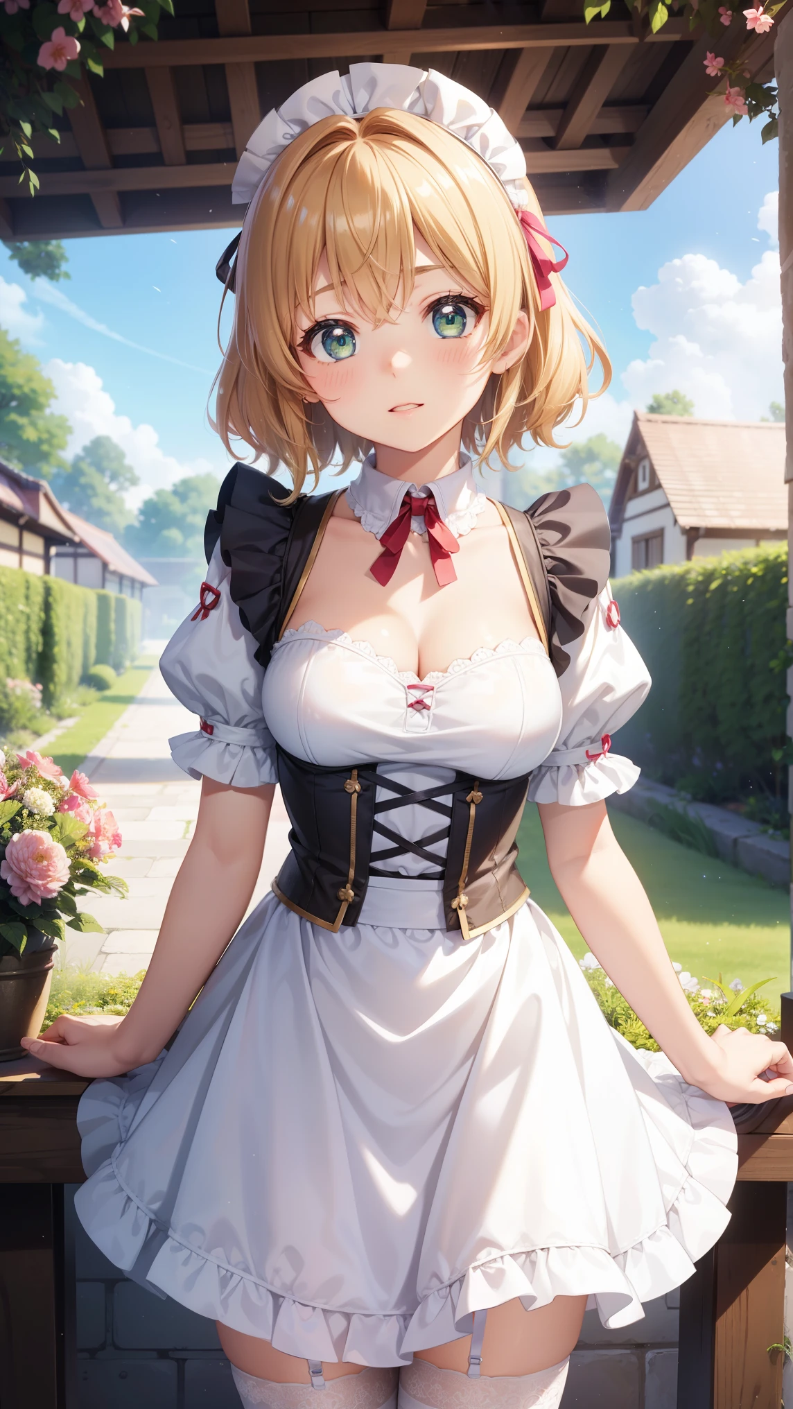 1girl, natural lighting, masterpiece, highly detailed, illustration, game CG, absurdres, high quality, kinomoto sakura, (18 year old girl), medium breasts, beautiful detailed eyes, glossy lips, natural lighting, short fluffy blonde hair, messy hair, green eyes, garden, cafe, maid, short puffy sleeves, small maid apron, thigh highs, cleavage、フェラチオ