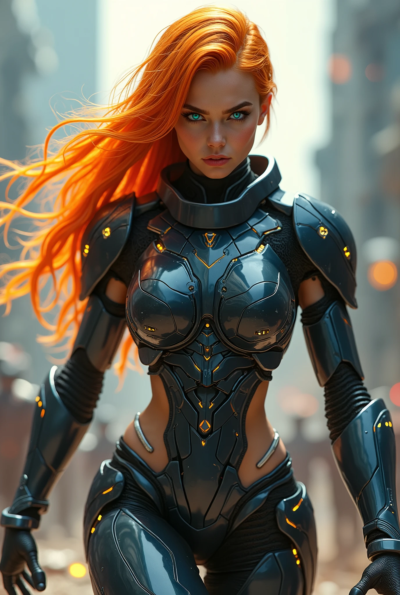 (masterpiece, photorealistic:1.4, extremely intricate:1.3), (photon mapping, radiosity, physically based rendering, ultra resolution, hyper-realistic, photorealistic:1.4, hyper-realistic, 8K), ((((humid age 20year, [bodybuilder:supermodel:0.8], (wide eyes, long lashes, battle-damaged translucent glossblack breastplate armor:0.8, etched, engraving)), [makeup:freckles:0.7])), blue eyes), angry, arrogant, BREAK, ((((background is a futuristic battlefield, she is a juggernaut, muscular), mechanical arms, mechanical hips, wires, wiring, (((glowing cybernetic chrome crystal reflections), chrome cyborg headband), dynamic walking action pose, side view), long straight ([dark hair:bright orange hair:0.7], volumetric, shadows)))

