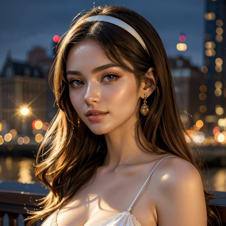 (​masterpiece, best quality:1.5), highest quality, High resolution, super detailed, Realists, Bust portrait of a 22-year-old brunette woman, detailed and beautiful eyes, beautiful detailed lips, very detailed eyes and face, longeyelashes, A 22-year-old woman in a shiny satin slip dress, Beautiful and colorful makeup, elegant and noble々Pose,shiny satin headband,, City as background, bright daylight, bright colors, fine brushstrokes, Portrait style, beautiful color palette, glowing skin, First-class rendering, that captures every detail, enchanting atmosphere, (perfect anatomy:1.2), (The stunning woman is wearing a slip dress. She smiles flirtatiously., She stands and shows off her figure,  (magnificent panorama view:1.2)