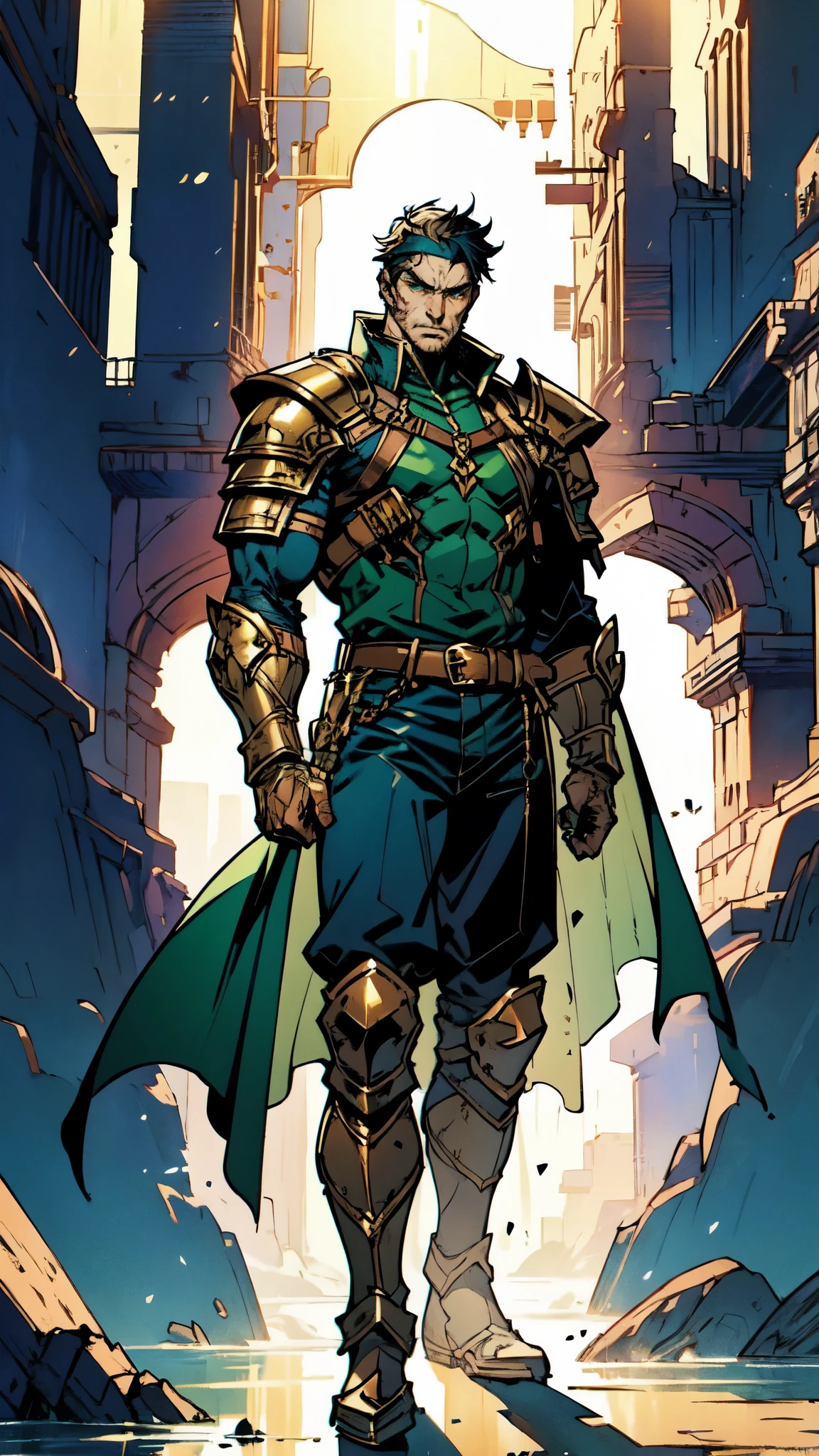 (masterpiece:1.2, best quality:1.2, extremely delicate:1.2), ((male:1.5)), a middle-aged man with short dark blue hair, a green headband tied around his forehead, sharp eyes, a heroic face, long sideburns, a long beard on his chin, a confident expression, a tall and muscular build, a fantasy-realist style short-sleeved coat, with a white and green form-fitting chest armor underneath, a flowing cape hangs from his right shoulder, heavy iron wrist guards, his belt is connected to small skirt armor plates, coarse cloth trousers, long boots that include shin guards, stands like a guardian in front of a city gate, this character embodies a finely crafted fantasy-realist style warrior in anime style, exquisite and mature manga art style, dramatic, high definition, highres, ultra-detailed, ultra-fine painting, professional, perfect body proportions, golden ratio, anatomically correct, symmetrical face, extremely detailed eyes and face, high quality eyes, creativity, RAW photo, UHD, 32k, Natural light, cinematic lighting, (masterpiece-anatomy-perfect:1.2)