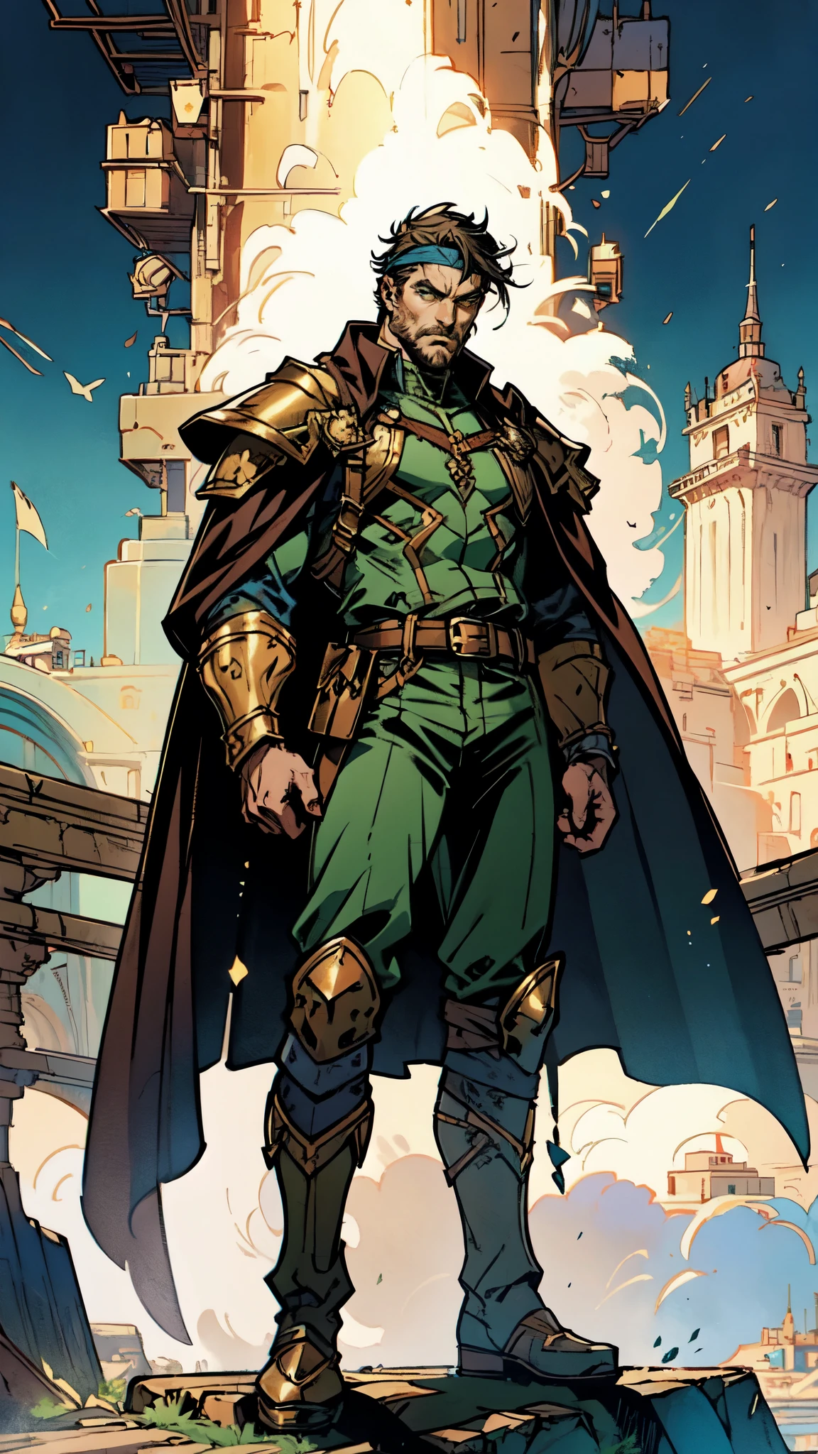 (masterpiece:1.2, best quality:1.2, extremely delicate:1.2), ((male:1.5)), a middle-aged man with short dark blue hair, a green headband tied around his forehead, sharp eyes, a heroic face, long sideburns, a long beard on his chin, a confident expression, a tall and muscular build, a fantasy-realist style short-sleeved coat, with a white and green form-fitting chest armor underneath, a flowing cape hangs from his right shoulder, heavy iron wrist guards, his belt is connected to small skirt armor plates, coarse cloth trousers, long boots that include shin guards, stands like a guardian in front of a city gate, this character embodies a finely crafted fantasy-realist style warrior in anime style, exquisite and mature manga art style, dramatic, high definition, highres, ultra-detailed, ultra-fine painting, professional, perfect body proportions, golden ratio, anatomically correct, symmetrical face, extremely detailed eyes and face, high quality eyes, creativity, RAW photo, UHD, 32k, Natural light, cinematic lighting, (masterpiece-anatomy-perfect:1.2)