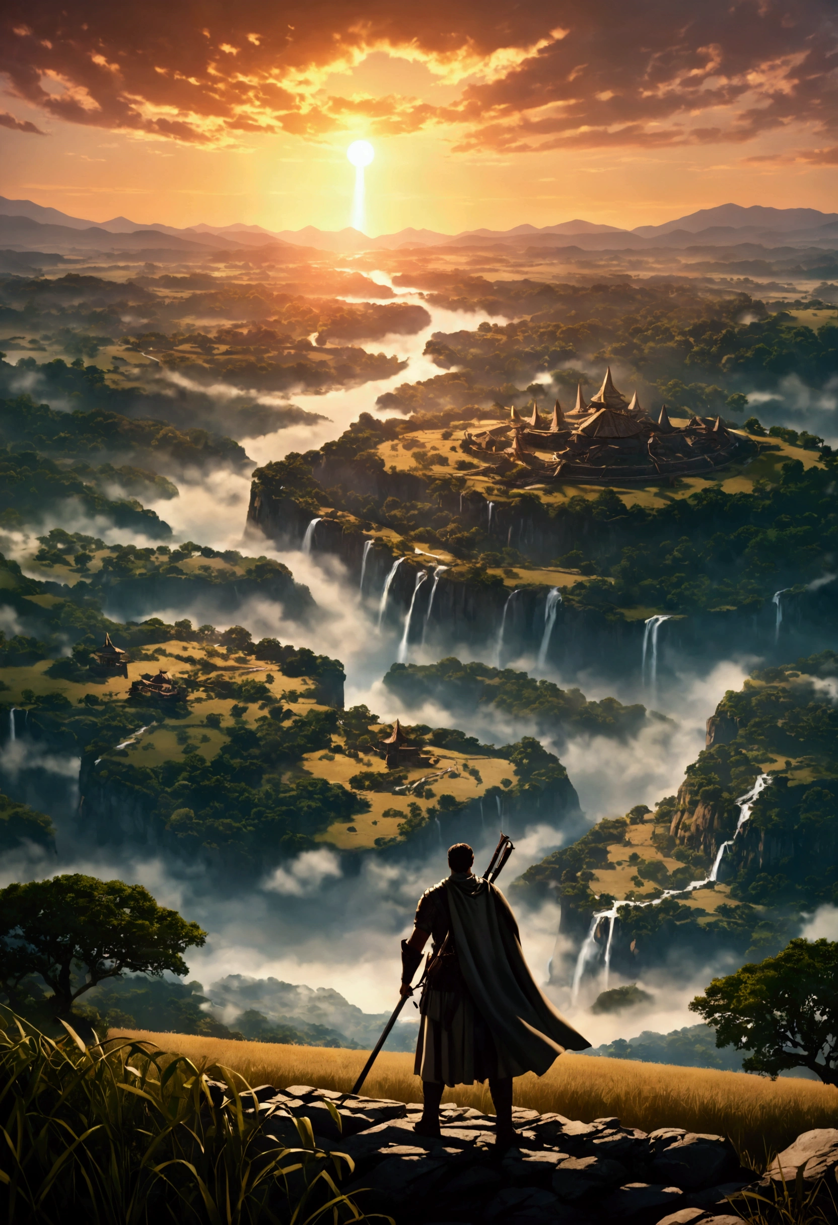 The film opens with a majestic view of the natural landscape in the Land of Dawn, the hero is preparing for a big battle. ,cinematic,Drama, lighting, -ar 16:9