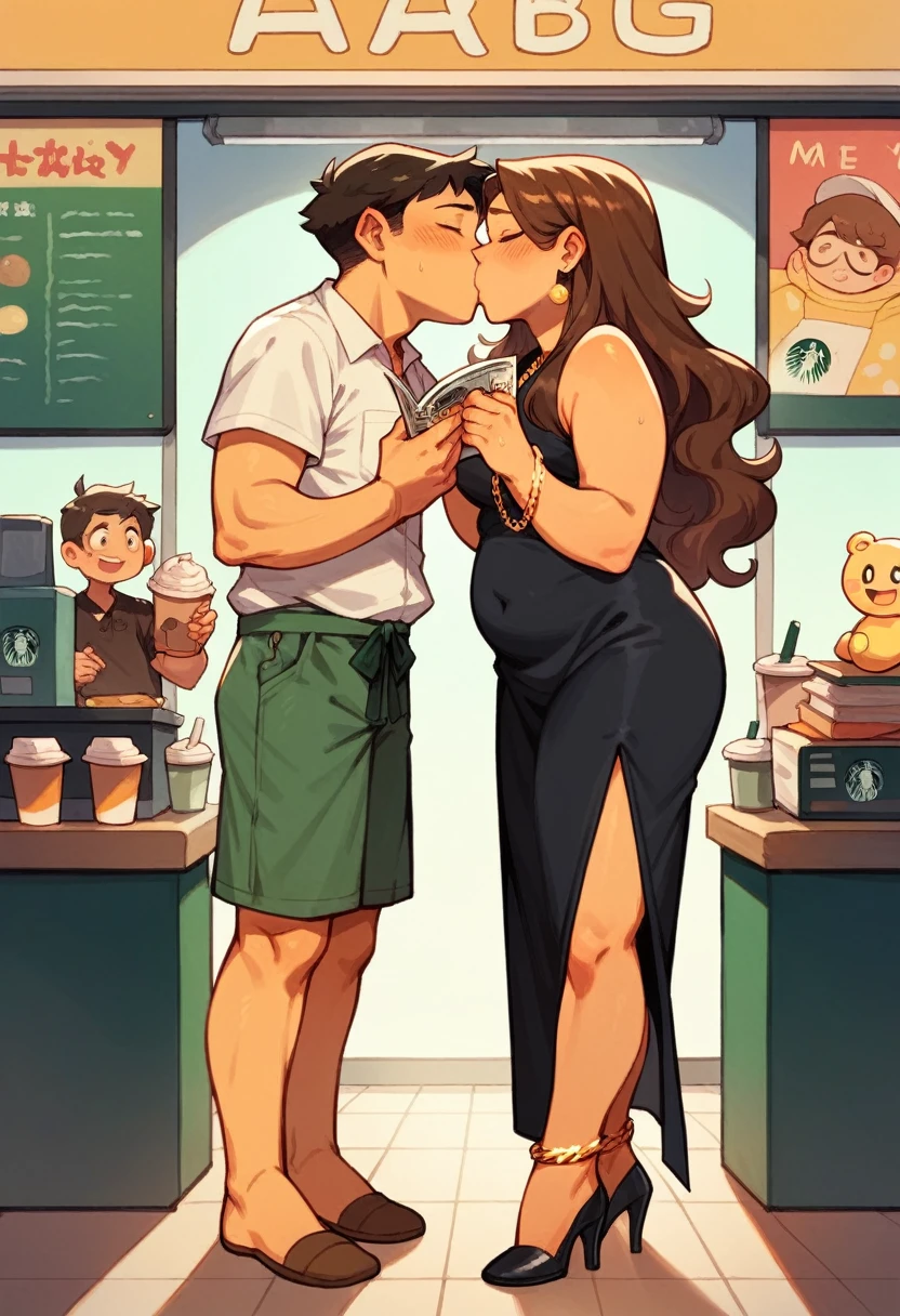 Chubby thic mature pregant japanese wife, brown long hair, Brown eyes, black sexy dress, standing up in a Starbucks, kissing tall man, smiley expression,reading a magazine, high heels, Golden chain anklet