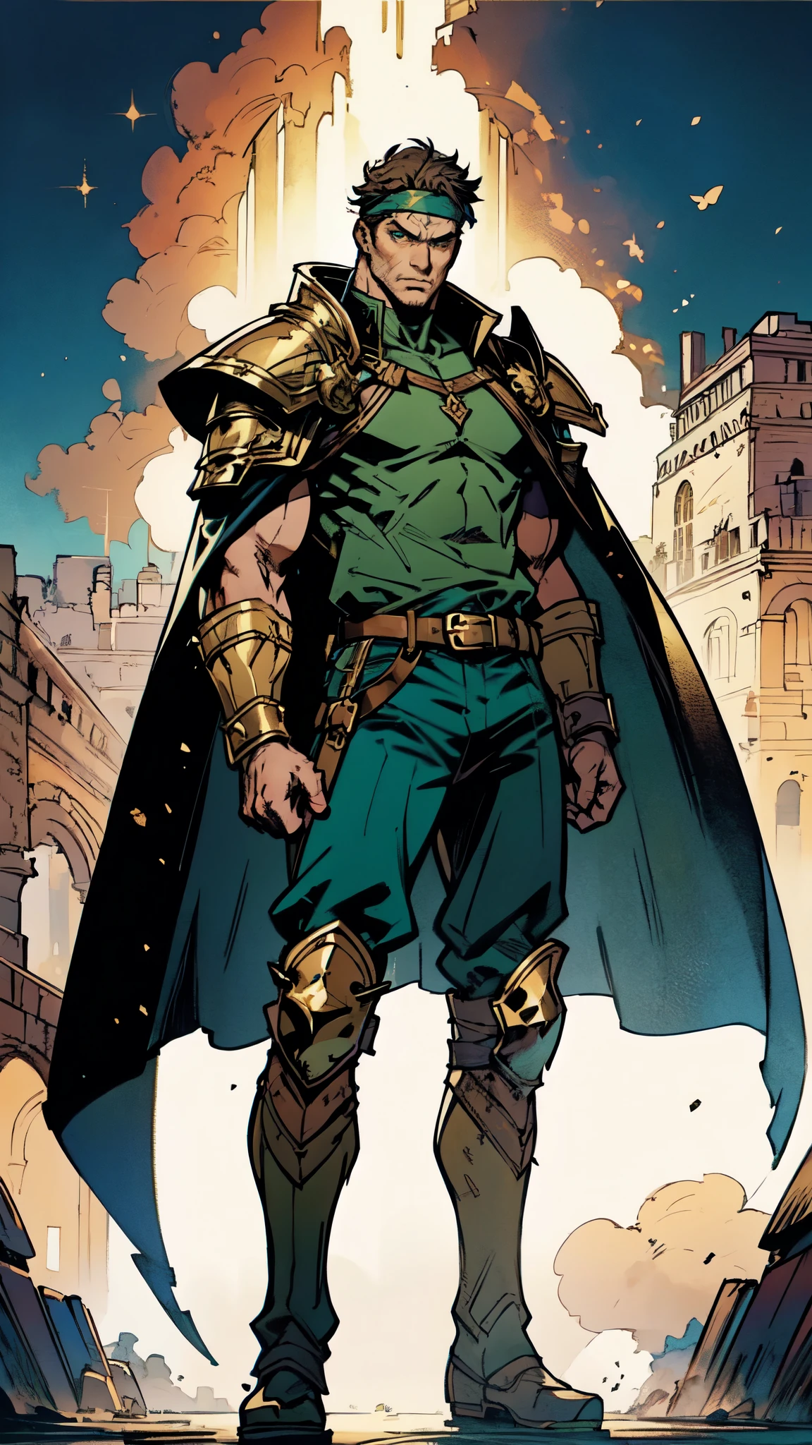(masterpiece:1.2, best quality:1.2, extremely delicate:1.2), ((male:1.5)), a middle-aged man with short dark blue hair, a green headband tied around his forehead, sharp eyes, a heroic face, long sideburns, a long beard on his chin, a confident expression, a tall and muscular build, a fantasy-realist style short-sleeved coat, with a white and green form-fitting chest armor underneath, a flowing cape hangs from his right shoulder, heavy iron wrist guards, his belt is connected to small skirt armor plates, coarse cloth trousers, long boots that include shin guards, stands like a guardian in front of a city gate, this character embodies a finely crafted fantasy-realist style warrior in anime style, exquisite and mature manga art style, dramatic, high definition, highres, ultra-detailed, ultra-fine painting, professional, perfect body proportions, golden ratio, anatomically correct, symmetrical face, extremely detailed eyes and face, high quality eyes, creativity, RAW photo, UHD, 32k, Natural light, cinematic lighting, (masterpiece-anatomy-perfect:1.2)