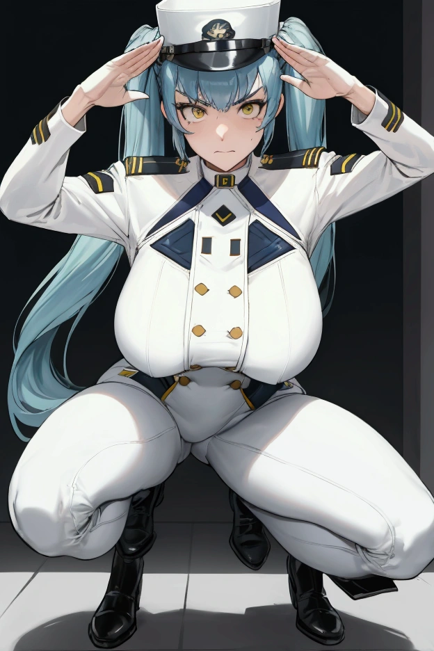 (privacy),(Light blue hair)、(Long twin tails)、(White tight military uniform),(White military cap)、(True to prompts)、((One-handed salute))、(Squat)、(Spread your legs)、(Glaring with sharp eyes)、(Super big breasts),(Busy Street)、(Many people々々々々々々々々々々々々)、(sunny)、(blue sky)、(Best lighting)、{{{Browsing Caution}}}、{{{masterpiece}}}, {{{Highest quality}}}, {{ultra-detailed}}, {{shape}}, {{{Very delicate and beautiful}}},{{extremely detailed CG}}、{{unity 8k portrait}}、{{Fabric Shading}}、{{super detailed skin}}、{{Perfect Anatomy}}、{{detailed}}、{{Dynamic Lighting}}、{{{beautiful detailed eyes}}}、{{{beautiful detailed Face}}}、(Perfect Legs)、(Perfect breasts)、(Perfect pose)、(Perfect body)