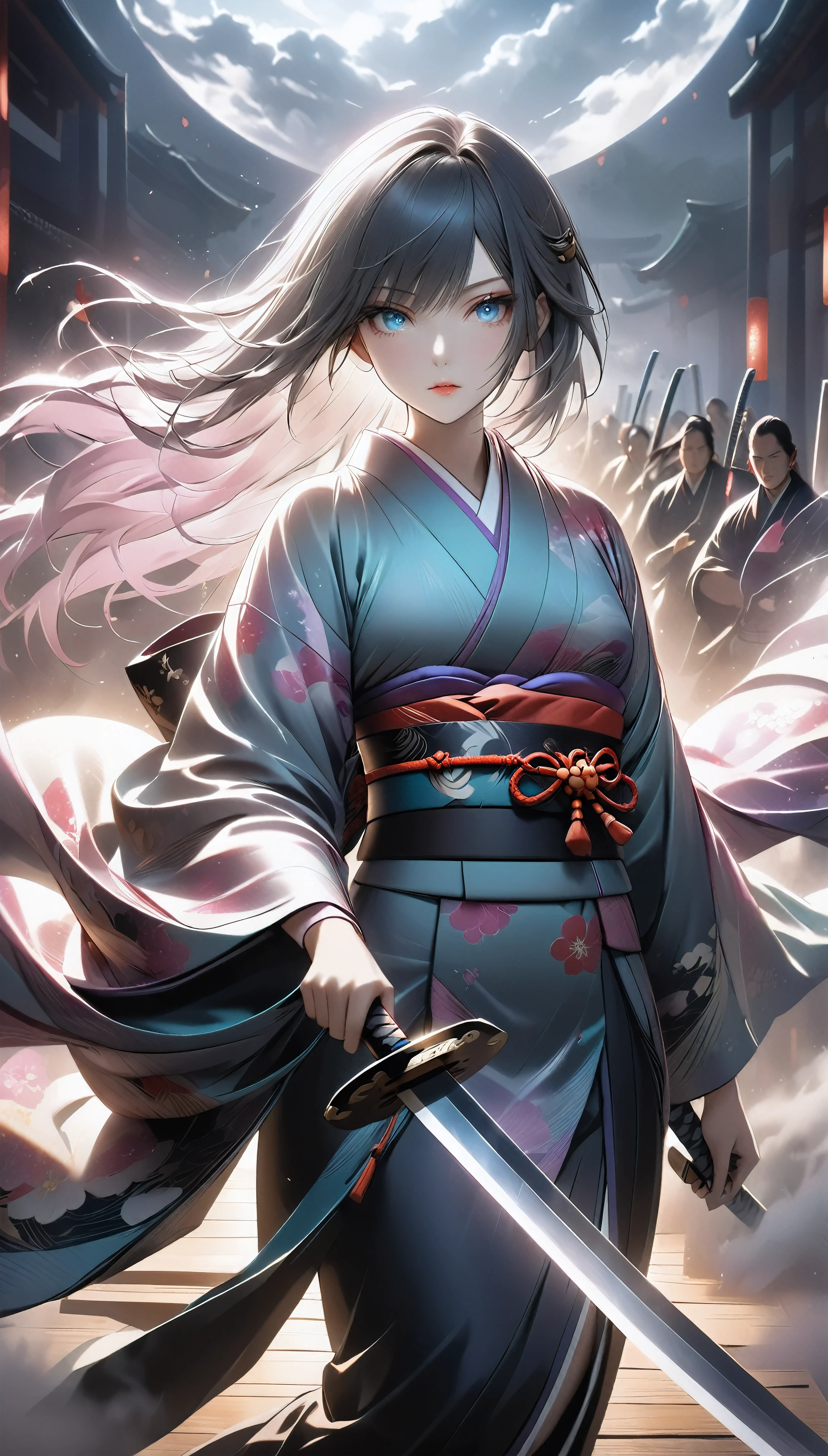 The enigmatic samurai woman (Musashi Miyamoto) wielding a long Japanese sword, Splitting with each powerful slash、Enveloped in the mist that obscures vision, Revealing a vivid and otherworldly scene, The clarity of the sword's slash against the hazy background, Mysterious Background, The fox's sharp gaze meets the viewer's, A layer of ethereal mist shrouding the foreground, Piercing, clear eyes, An exquisite and detailed kimono, Dramatic lighting and colors