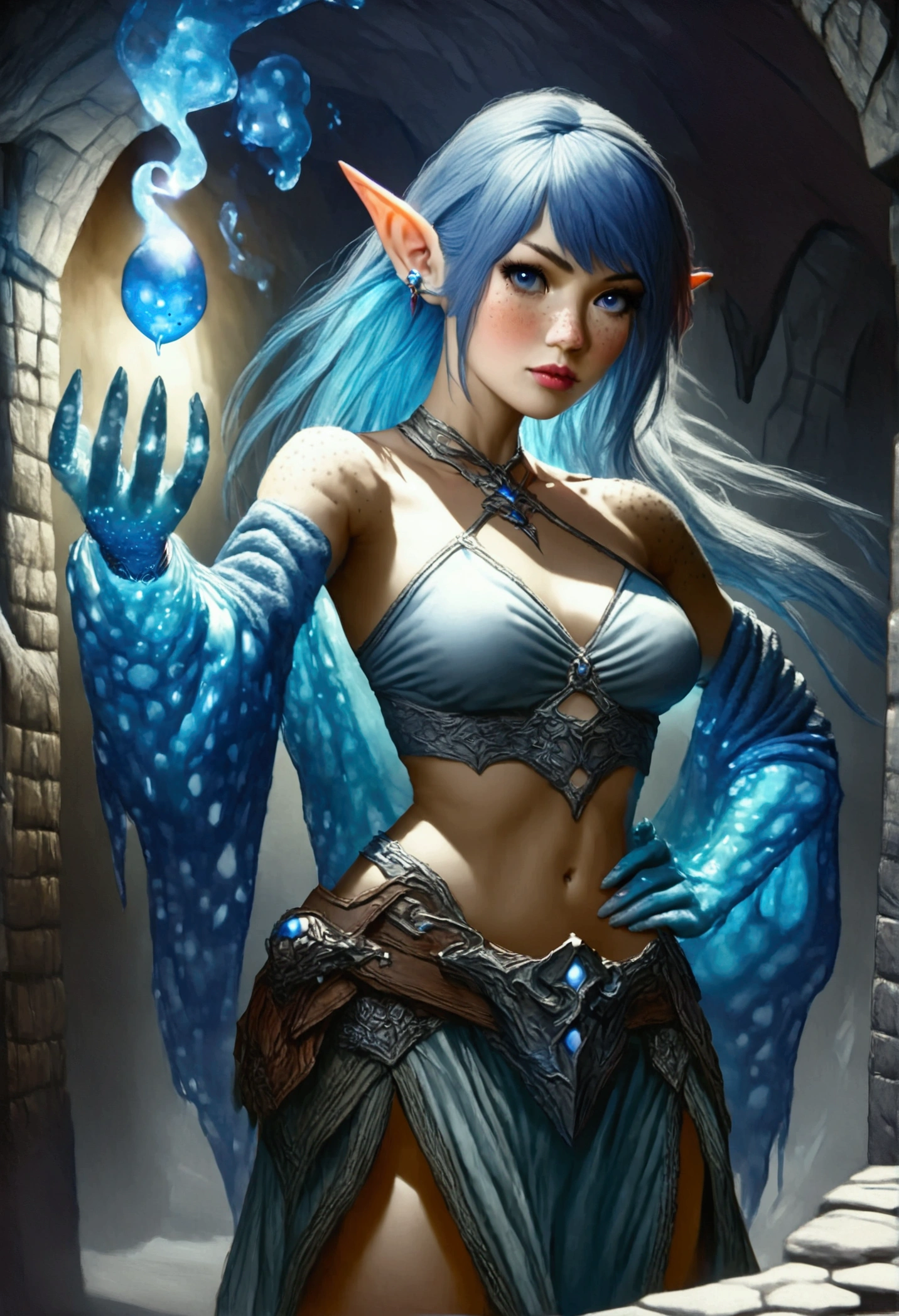 Slime girl, solo, 1girl, pointy ears, ((blue eyes, long hair, freckles across nose)), (light blue halter top, jewelry), cavern entrance, realistic, photoreal, ArsMJStyle, dnddarkestfantasy, dungeons and dragons, (magic in hand, hand on hip), DonMM4g1cXL