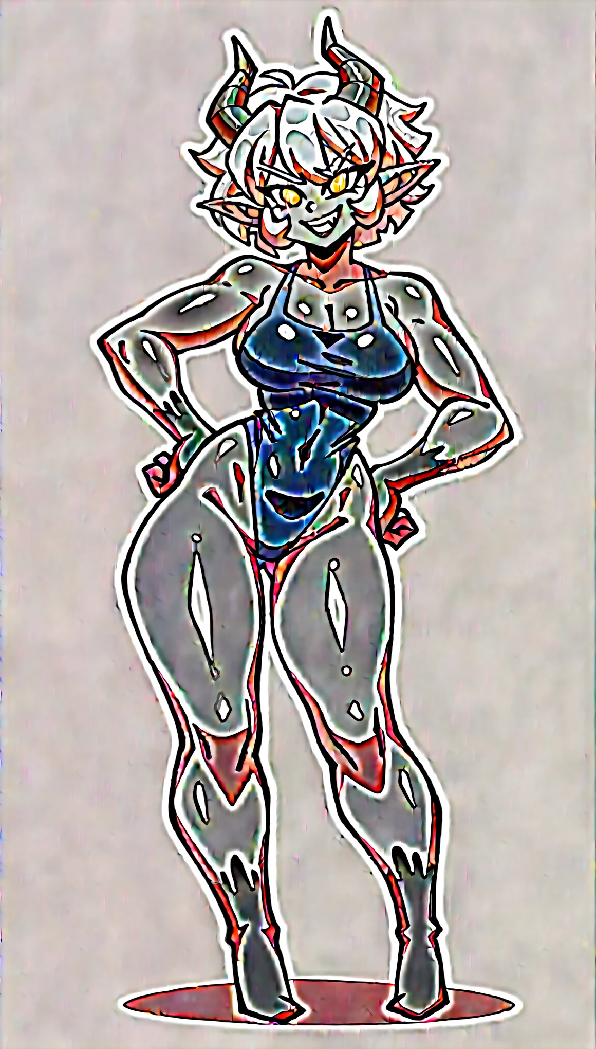 Dans le style des peintres impressionnistes et un ambiance sombre En arrière plan un croissant de lune sous une nuit noir et et verte sans étoile en second plan un manoir imposant sur une colline illuminer par la lune en premier plan une silhouette noir masculine de dos regardant le manoir hands on hips female huge tits thicc ((monster girl)) sexy lewd 1k ((nsfw)) one please swimsuit glow eyes standing like a goddess sexy forward full body shot drak demon skin demon hands ((fat)) 1K