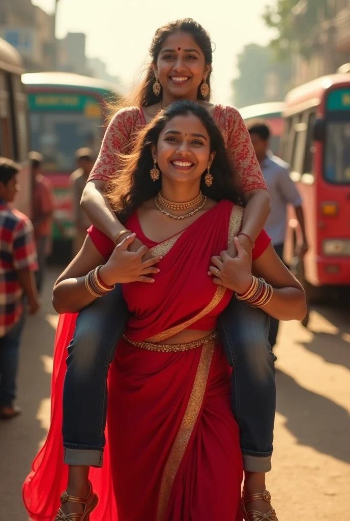 a smiling and beautiful indian woman in red satin salwar carrying a large man on her shoulders , in a bus stand, man is sitting on woman's shoulders,she is strong, man is happily sitting on woman's shoulders