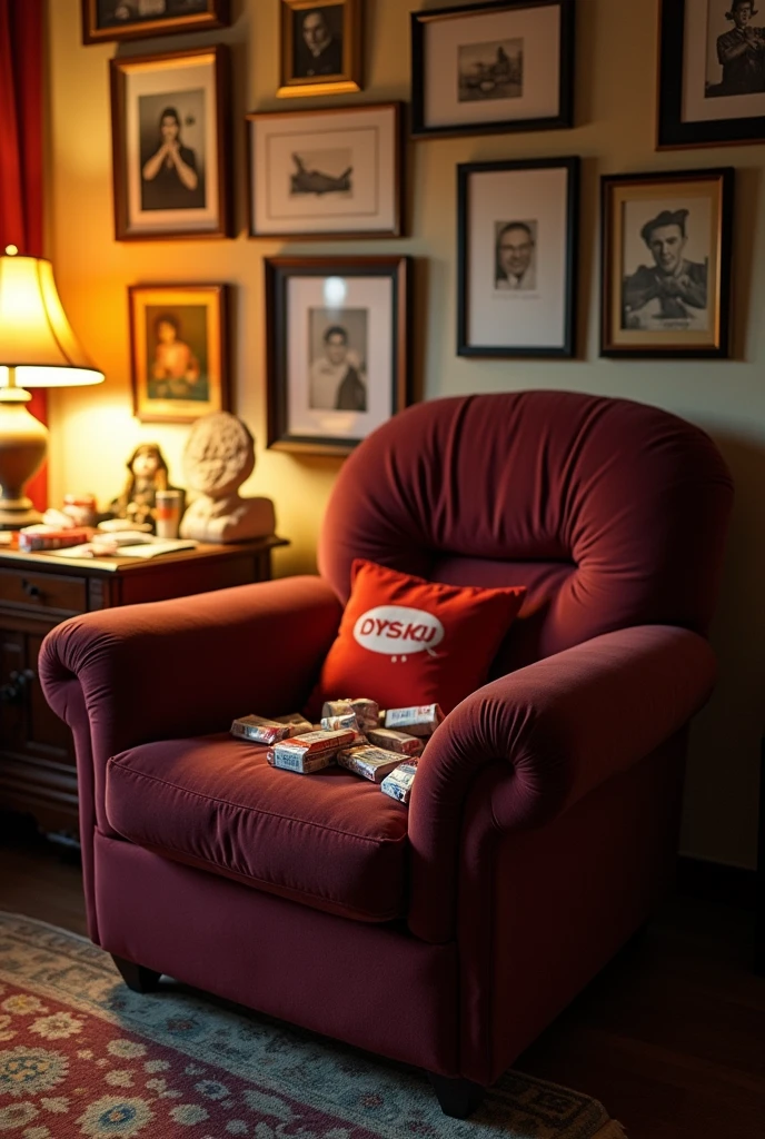 Front view scenario, with an armchair and a decorated wall, a table with cigarettes and fast food bags and a rug