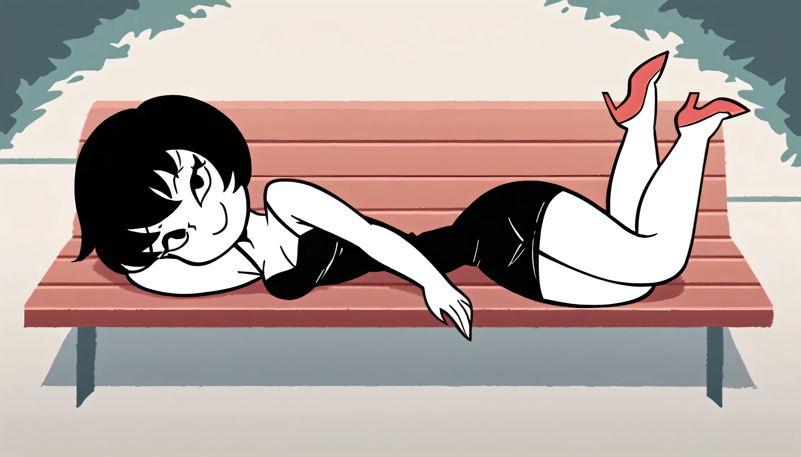 Jucika, digital media, black eyes, black hair, short hair, flat color, flat graphic style, white skin, zPDXL, best quality, amazing quality, score 9, 1girl, looking at viewers, bare shoulders, black dress, taut dress, spaghetti strap black dress, sleeveless, medium breast, laying down on a a bench in the sidewalks streets at daytime in the background,  looking at viewers, smile, seductive smile, red high heels, full body