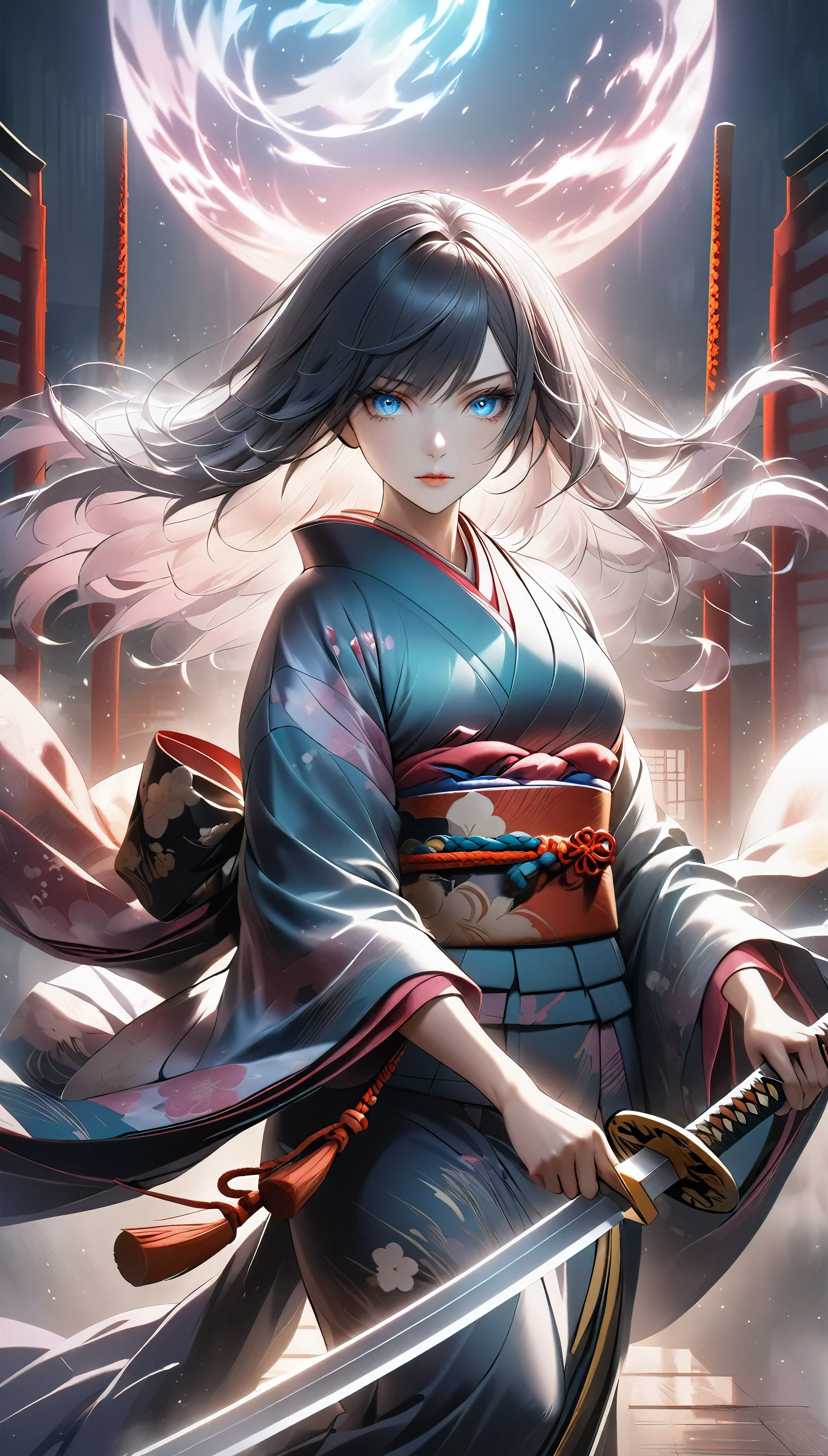 The enigmatic samurai woman (Musashi Miyamoto) wielding a long Japanese sword, Splitting with each powerful slash、Enveloped in the mist that obscures vision, Revealing a vivid and otherworldly scene, The clarity of the sword's slash against the hazy background, Mysterious Background, The fox's sharp gaze meets the viewer's, A layer of ethereal mist shrouding the foreground, Piercing, clear eyes, An exquisite and detailed kimono, Dramatic lighting and colors