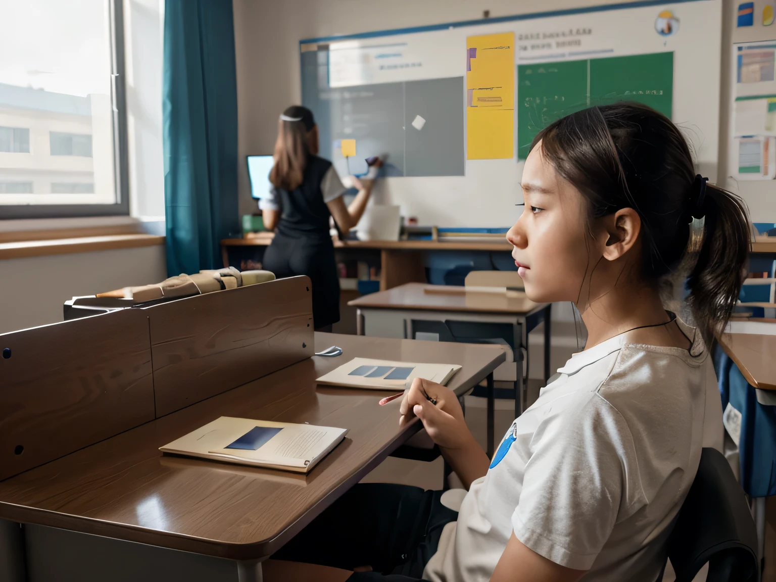 AI in Education: Visualize AI-enhanced classrooms where AI tutors assist students. Depict AI analyzing student progress, personalizing learning experiences, or creating interactive educational content.