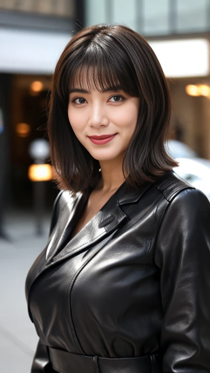 最high quality, 8k, Vibrant, Sharp focus, high quality, High resolution, Middle-aged women, Mature Woman, 55 years old, (Whole Body Ezbian), (High heels face detail, Highly detailed eyes, Plump figure、Plump face、((big 1.6))、(((Large Breasts)))、((Black leather clothing))、Busy Street、Random Hairstyles、A kind smile、