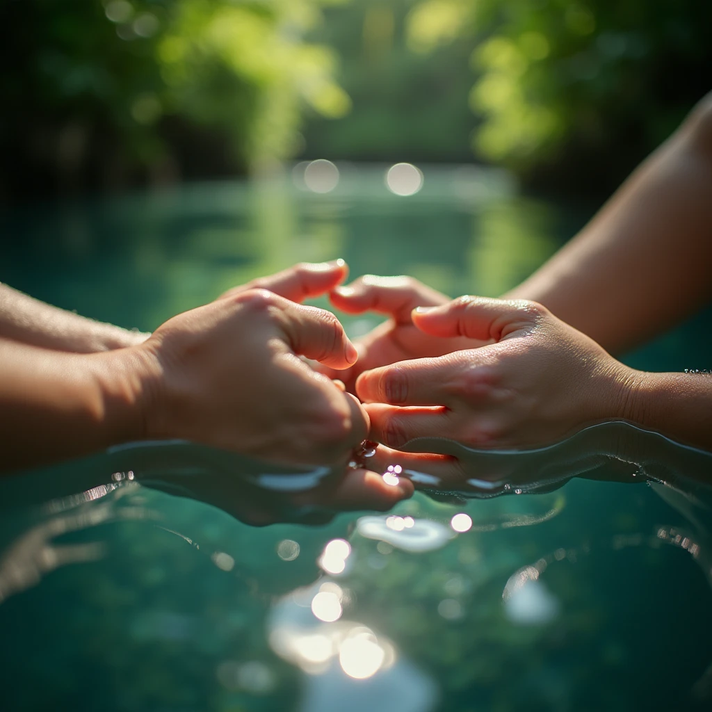 Close-up of Hands, The interaction between hands and water, presents a picture of harmonious coexistence between humans and nature. Capture the connection between hands and nature using natural light and environmental background, RAW photo, color graded, dynamic movement, (captivating chiaroscuro:0.1), award-winning, cinematic still, emotional, vignette, dynamic, vivid, (masterpiece, best quality, photorealistic, Professional, perfect composition, very aesthetic, absurdres, ultra-detailed, intricate details:1.3)