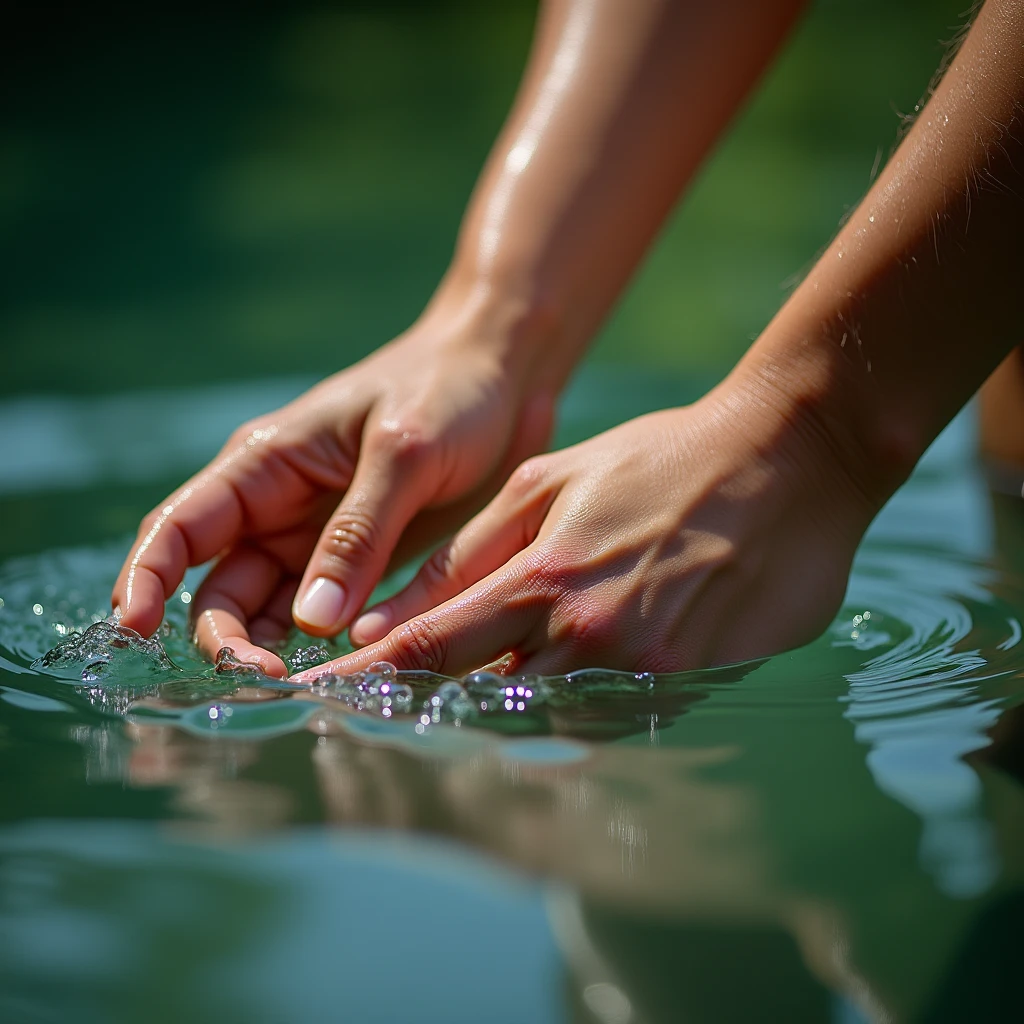 Close-up of Hands, The interaction between hands and water, presents a picture of harmonious coexistence between humans and nature. Capture the connection between hands and nature using natural light and environmental background, RAW photo, color graded, dynamic movement, (captivating chiaroscuro:0.1), award-winning, cinematic still, emotional, vignette, dynamic, vivid, (masterpiece, best quality, photorealistic, Professional, perfect composition, very aesthetic, absurdres, ultra-detailed, intricate details:1.3)