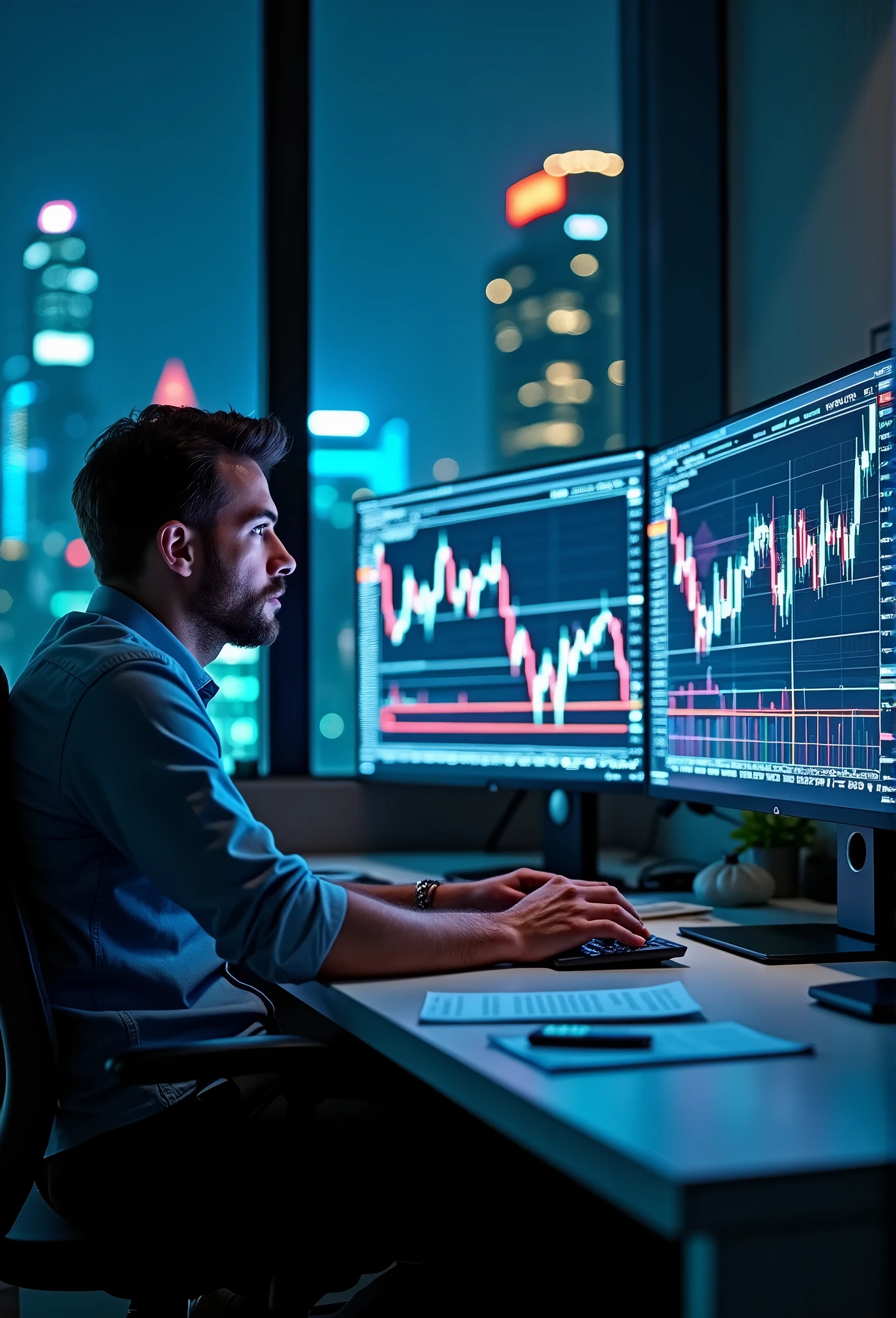 There's a man sitting at a desk with two computer monitors, sentado em um computador, sentado em frente ao computador, olhando para o monitor, displaying stock charts, sentado em uma mesa de computador, na frente de um computador, trading, trading stocks,
