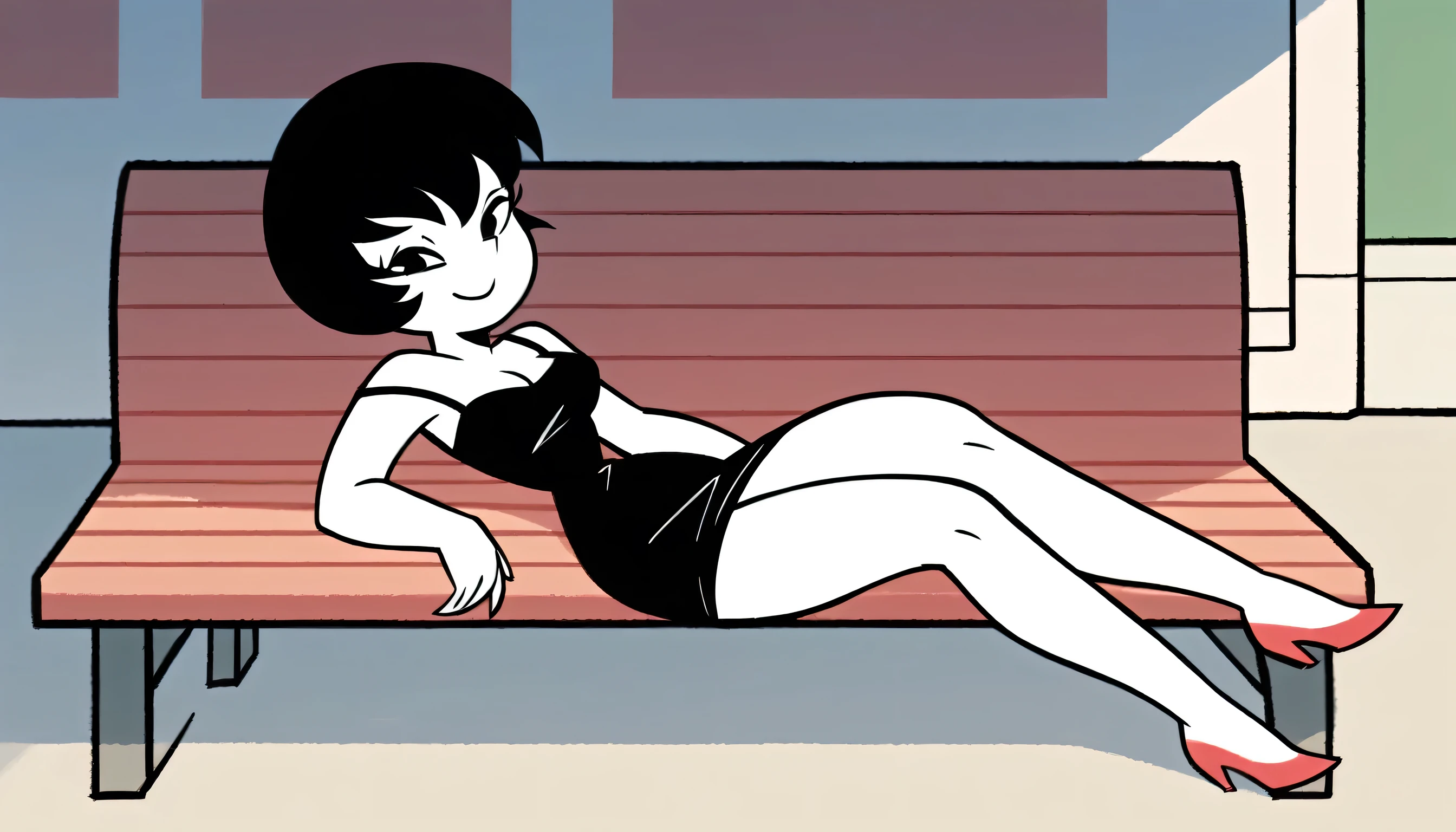 Jucika, digital media, black eyes, black hair, short hair, flat color, flat graphic style, white skin, zPDXL, best quality, amazing quality, score 9, 1girl, looking at viewers, bare shoulders, black dress, taut dress, spaghetti strap black dress, sleeveless, medium breast, laying down on a a bench in the sidewalks streets at daytime in the background, looking at viewers, smile, seductive smile, red high heels, full body