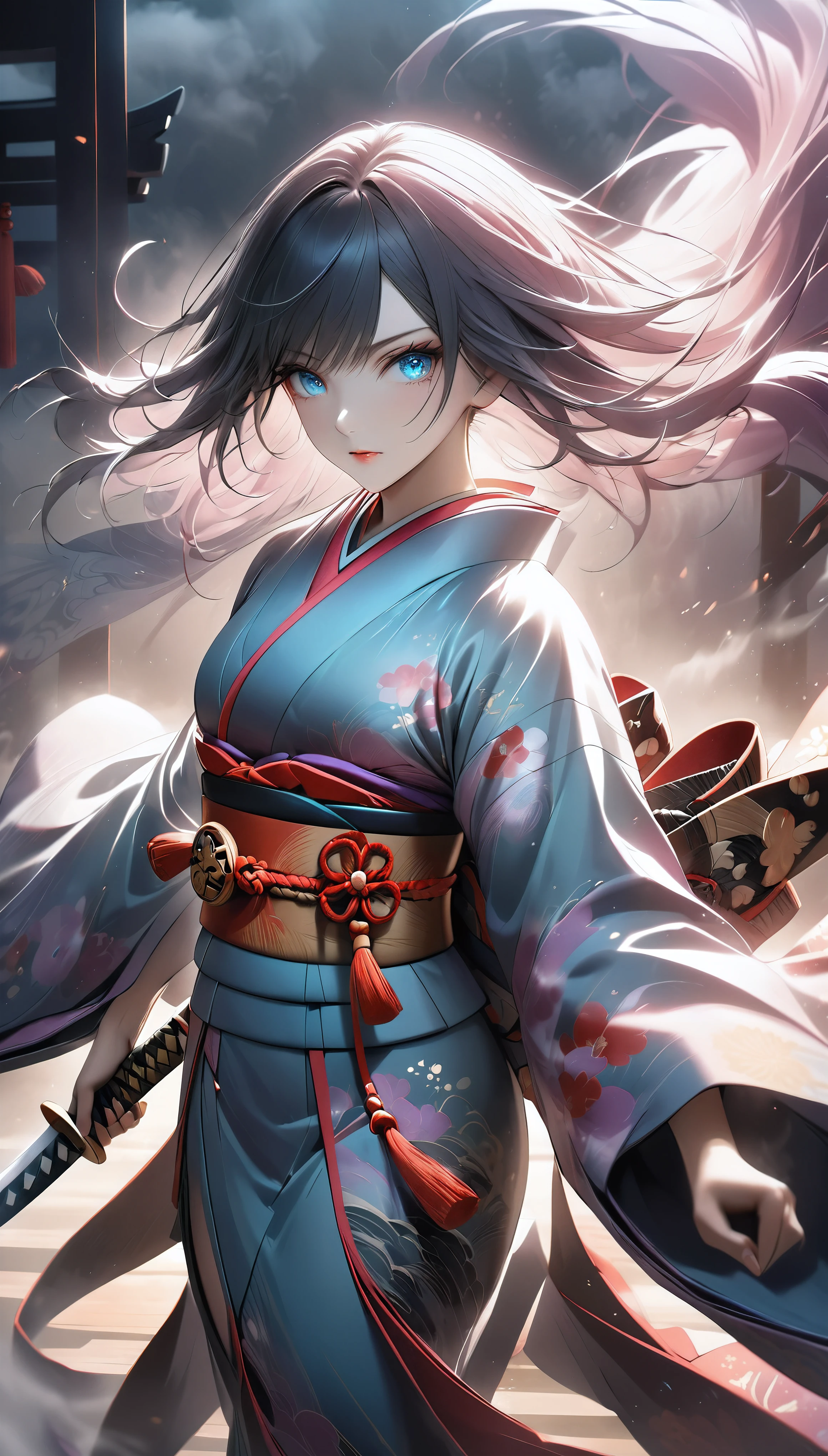 The enigmatic samurai woman (Musashi Miyamoto) wielding a long Japanese sword, Splitting with each powerful slash、Enveloped in the mist that obscures vision, Revealing a vivid and otherworldly scene, The clarity of the sword's slash against the hazy background, Mysterious Background, The fox's sharp gaze meets the viewer's, A layer of ethereal mist shrouding the foreground, Piercing, clear eyes, An exquisite and detailed kimono, Dramatic lighting and colors