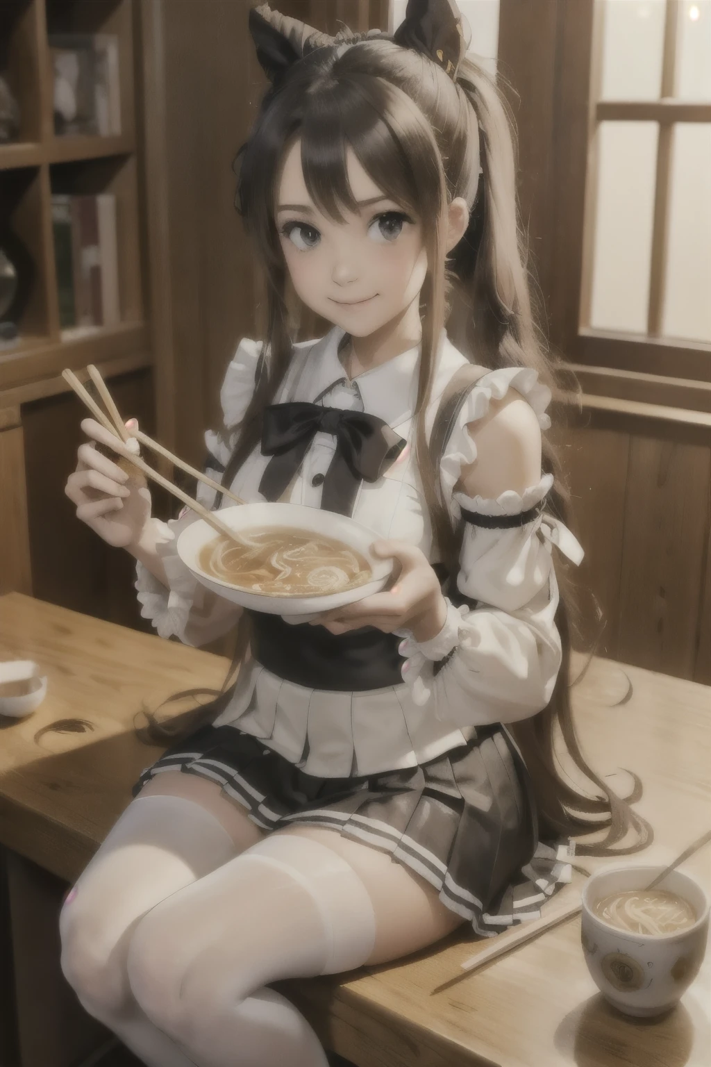 masterpiece, top quality, bewitching pose, full body wide angle, smile, (sitting:1.1) ,ichiraku ramen, (eating ramen noodles:1.0), holding chopsticks and ramen bowl, slurp one's noodles,, silence suzuka (umamusume), black gloves, white skirt, pleated skirt, black pantyhose, layered sleeves, puffy short sleeves, short over long sleeves, black bow, festival,