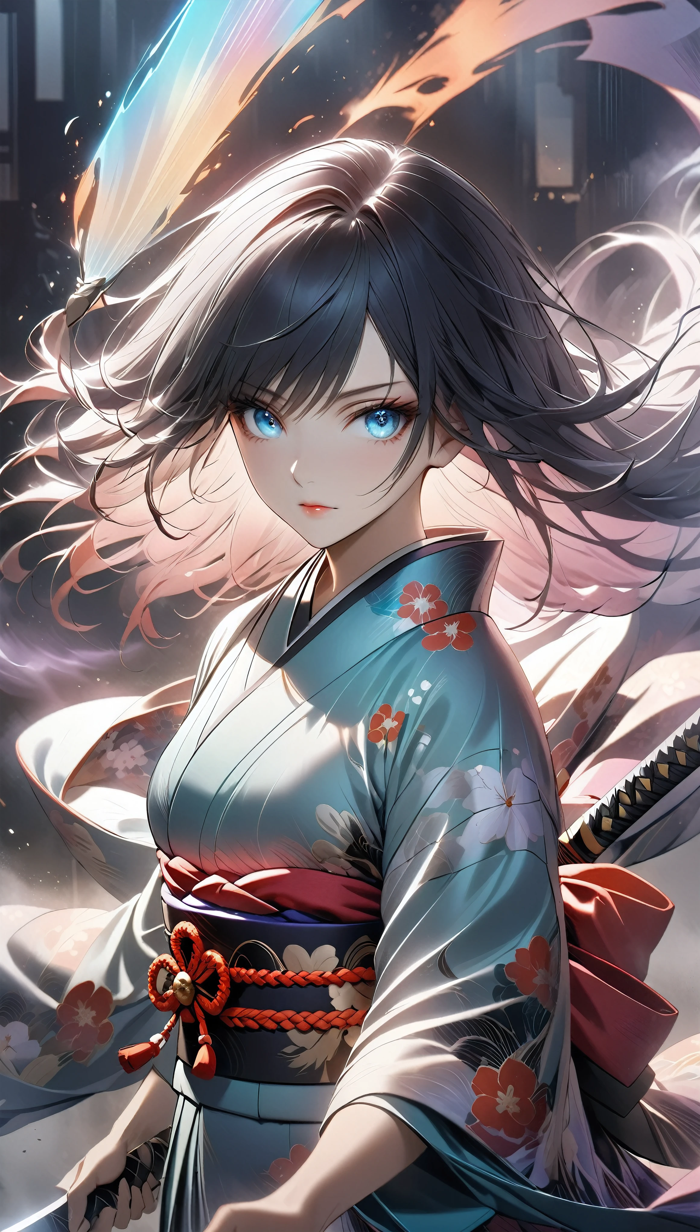 The enigmatic samurai woman (Musashi Miyamoto) wielding a long Japanese sword, Splitting with each powerful slash、Enveloped in the mist that obscures vision, Revealing a vivid and otherworldly scene, The clarity of the sword's slash against the hazy background, Mysterious Background, The fox's sharp gaze meets the viewer's, A layer of ethereal mist shrouding the foreground, Piercing, clear eyes, An exquisite and detailed kimono, Dramatic lighting and colors