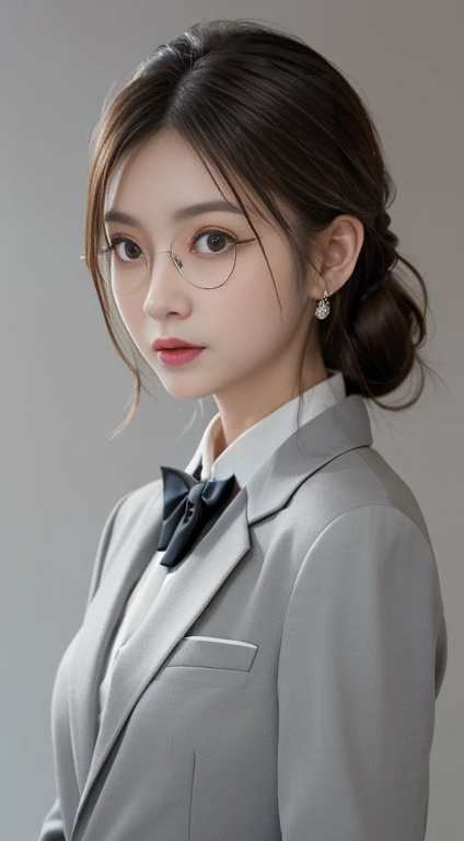Professional Lighting,Photograph the upper body,One person,Japanese actress,Round glasses with a golden frame、Serious atmosphere、Japanese women、One personで、Ultra-realistic、Soft Light、High resolution, Very detailed, Highest quality, masterpiece, The background is blue、Very white skin like a white person,((whole body,)), Glowing Eyes, Chiaroscuro, Movie Glen, reflected light, (((Long Shot))),Long Shotショー (((whole body))), masterpiece, Attention to detail, (((Light gray simple background:1.4))),((( Studio Light:1.3 ))),((Light light brown hair:1.2)),Beautiful dark makeup,Look straight ahead,((((Beautiful face like an actress)))),((((Formal suit:1.4)))),